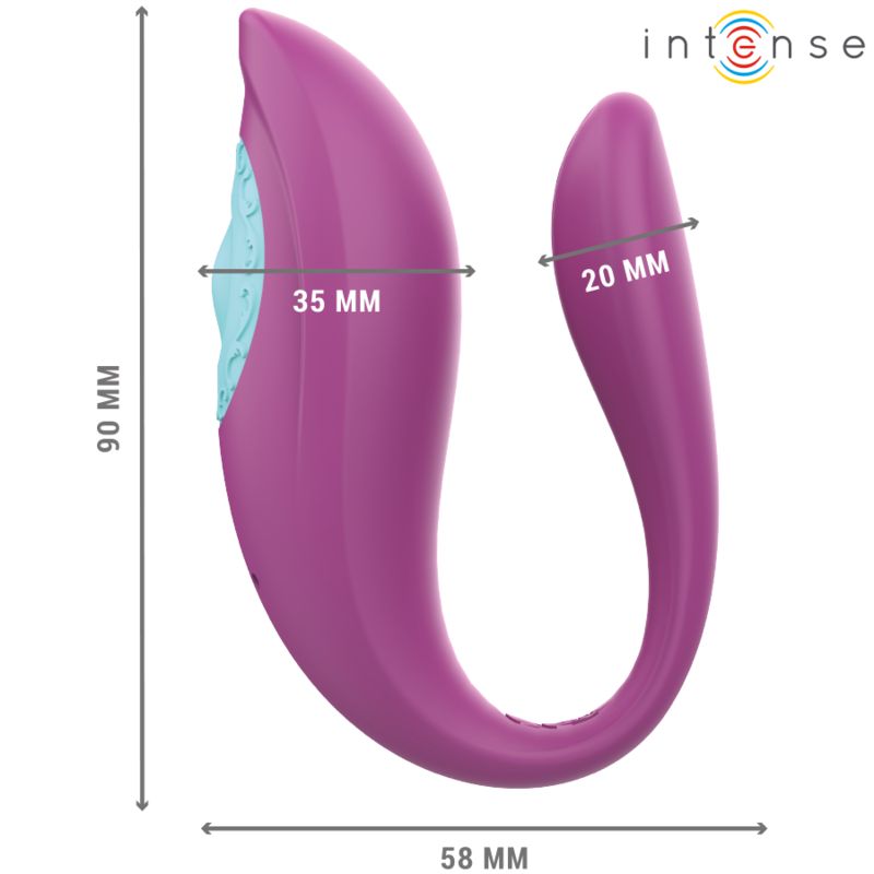 Lila U-förmiger Vibrator. Abmessungen: 90 mm hoch, 58 mm breit, 35 mm und 20 mm Durchmesser.