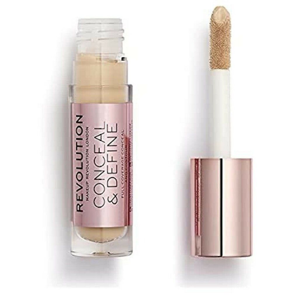 Concealer-Tube mit roségoldfarbenem Deckel und Applikator. Auf dem Etikett steht "CONCEAL & DEFINE" und "MAKEUP REVOLUTION LONDON".