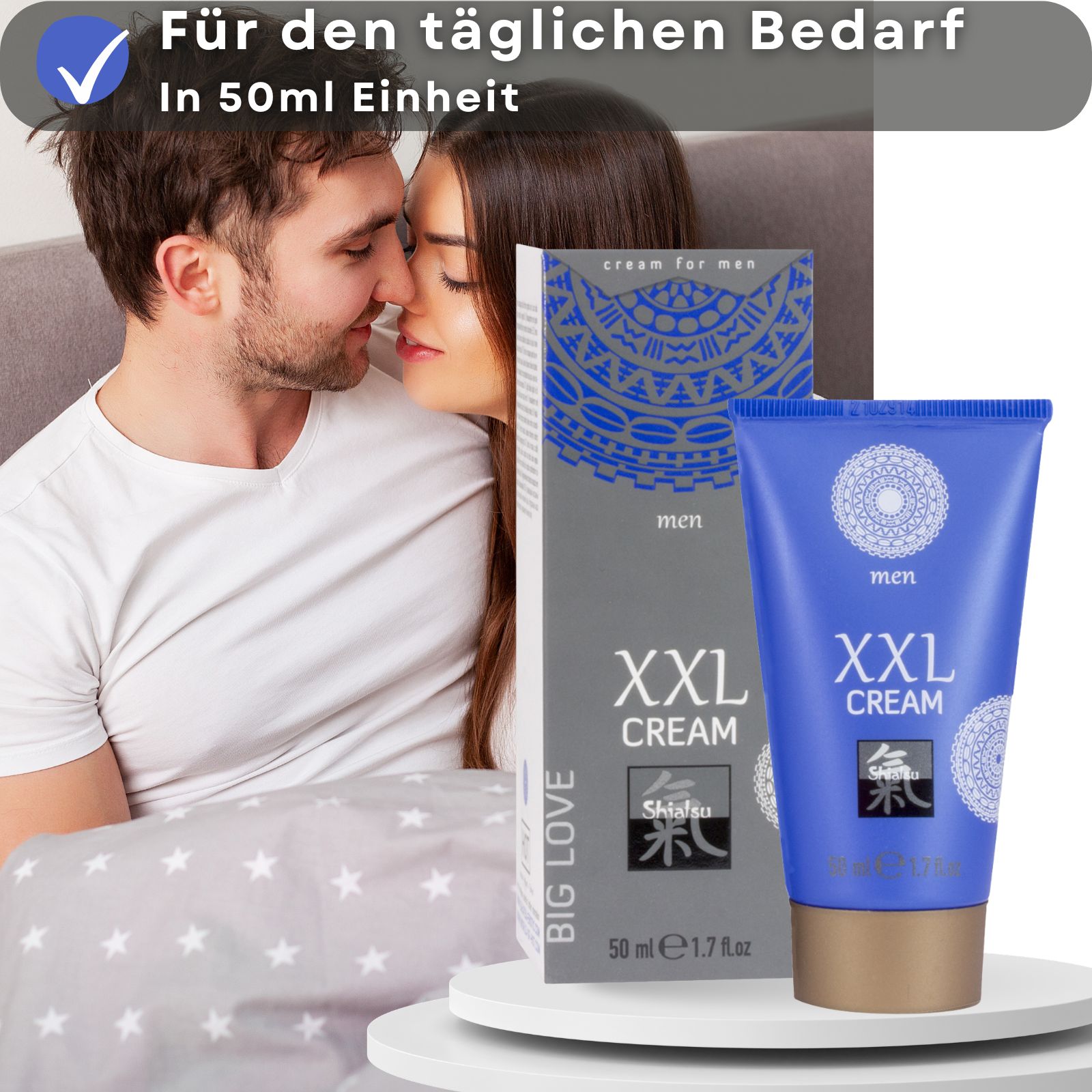Blaue Tube mit XXL Cream. Aufschrift: men, Shiatsu. Weiße Flüssigkeit. Hintergrund: Paar im Bett.