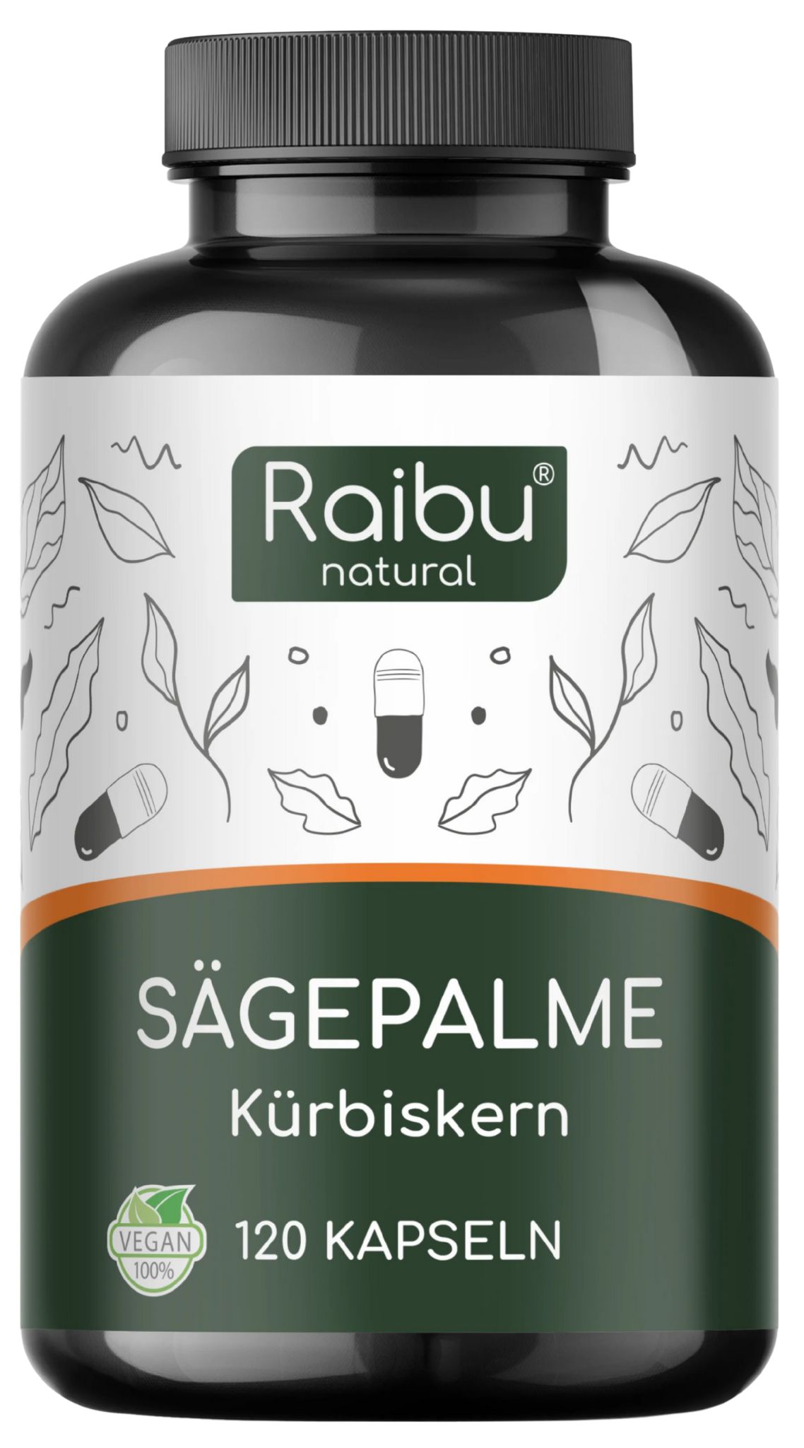 Dunkle Flasche mit Kapseln. Aufschrift: Sägepalme, Kürbiskern, 120 Kapseln. Vegan-Siegel.