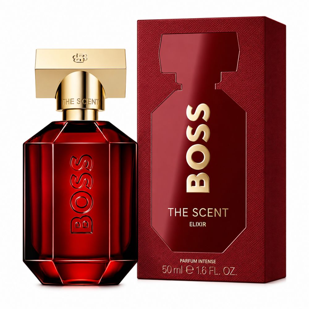 Hugo Boss The Scent Elixir Parfum Intense Flakon und Schachtel in Rot und Gold.