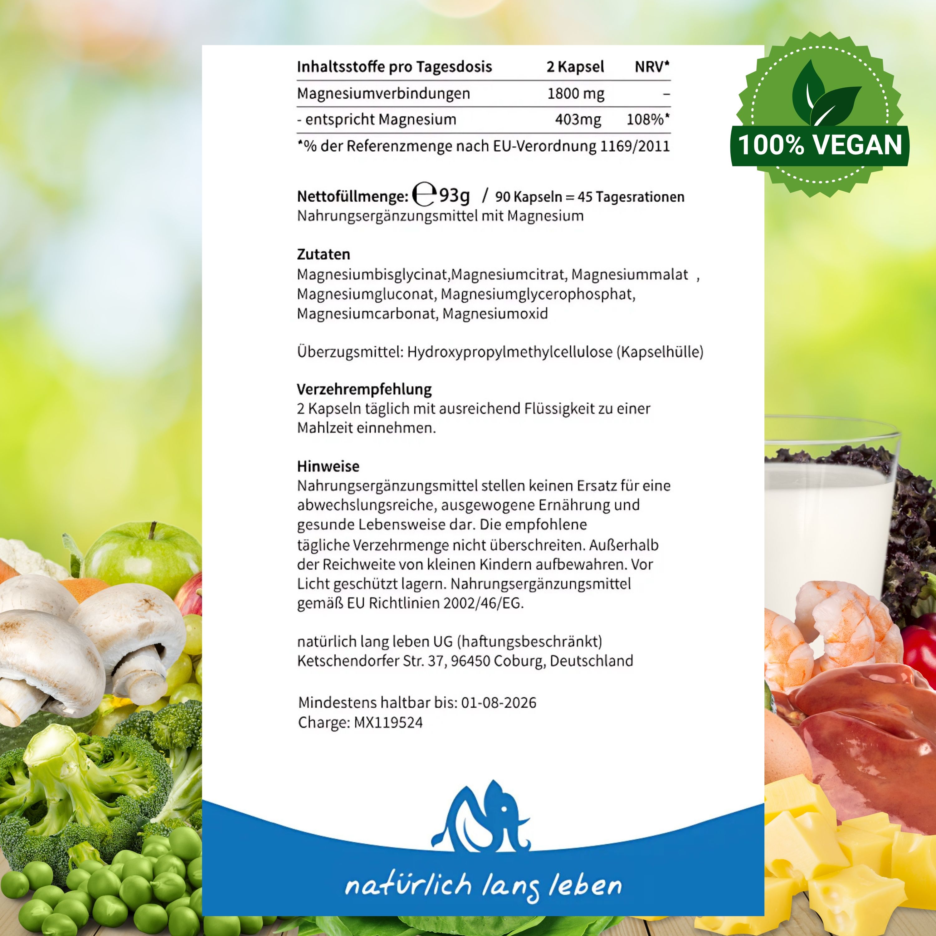 Produktetikett mit Inhaltsstoffen und Nährwertangaben. Text: Magnesium 7 Komplex Kapseln, 100% Vegan. Herstellerinformationen.