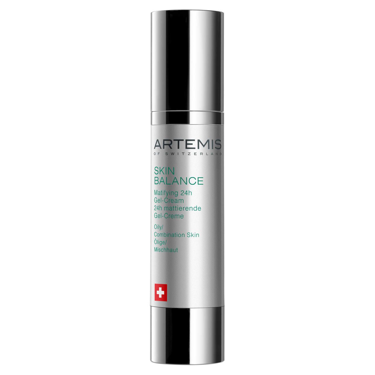 Silberne Tube. Text: ARTEMIS, SKIN BALANCE, Matifying 24h Gel-Cream, für ölige/Mischhaut. Schweizer Kreuz.