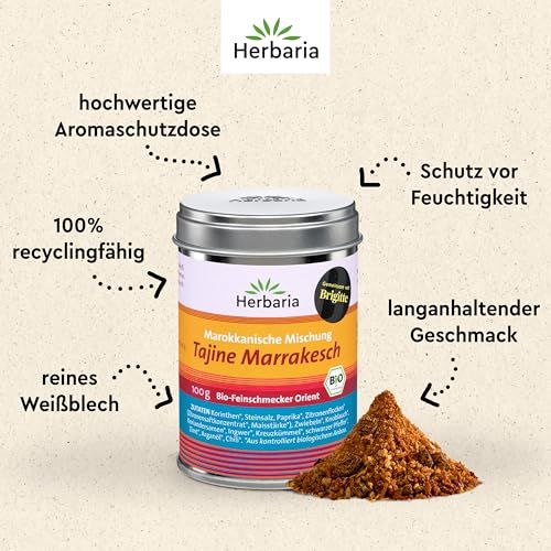 Herbaria Tajine Marrakesch Gewürzmischung in Metalldose, 100g, mit aufgestreuter Gewürzmischung.