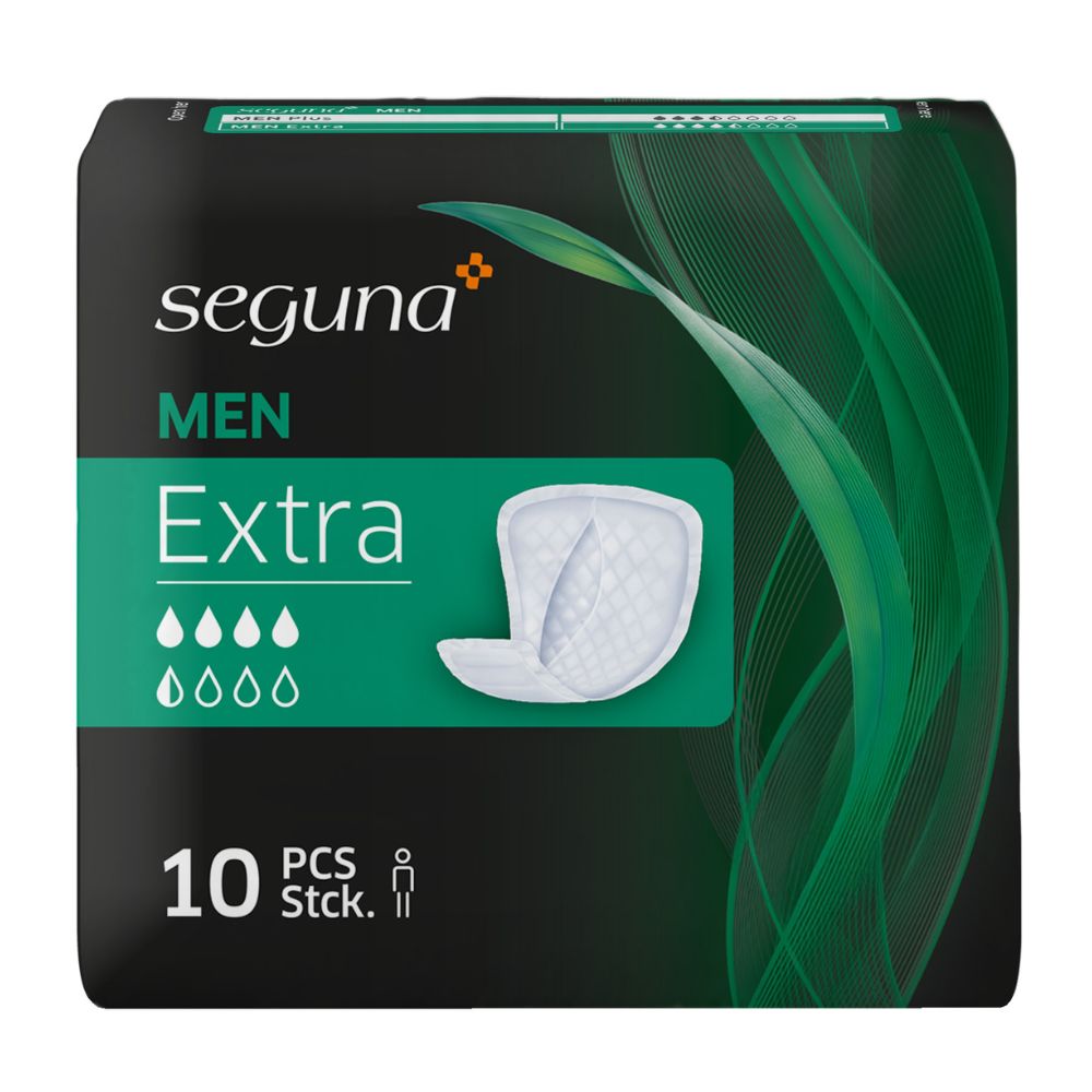 Verpackung mit SEGUNA MEN Extra. Schwarzer Hintergrund mit grünen Akzenten. Zehn Stück. Produktbeispiel abgebildet.