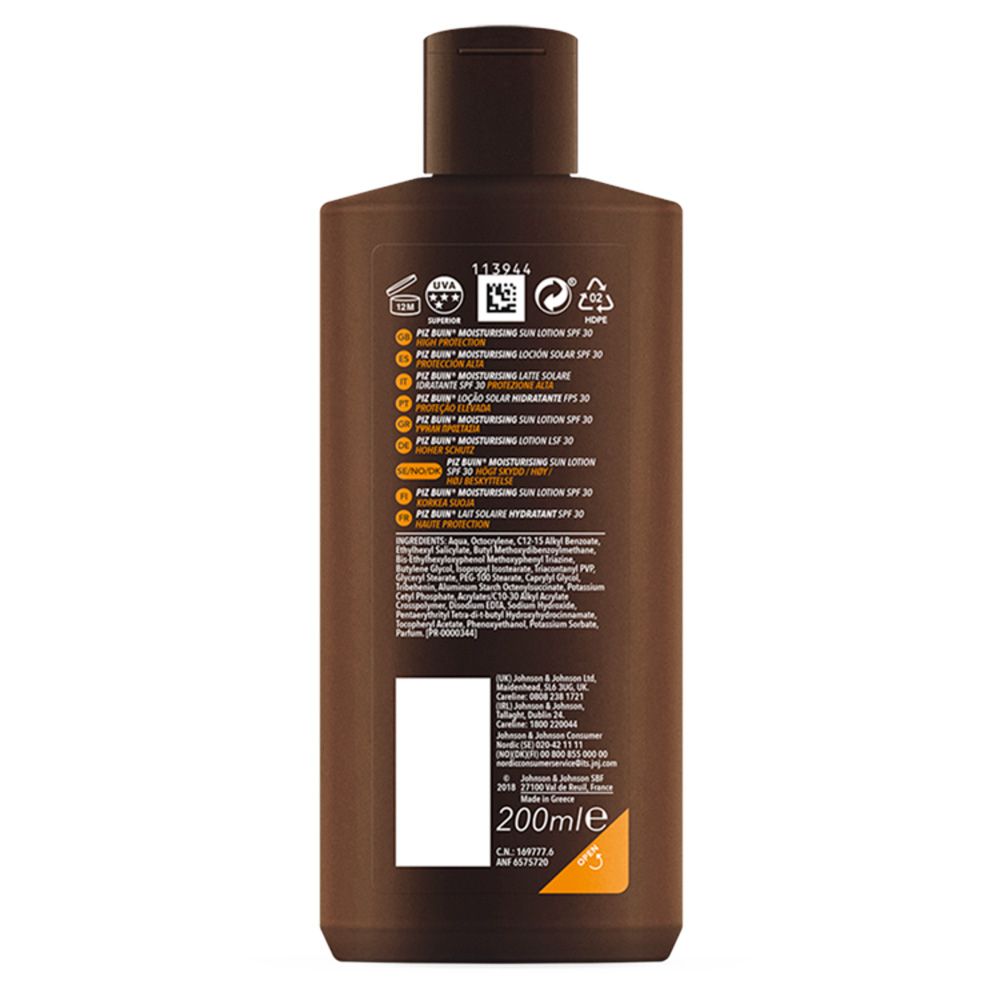 Rückseite einer braunen Flasche Sonnenlotion. Text in mehreren Sprachen. Inhaltsstoffe, Herstellerinformationen, 200ml.