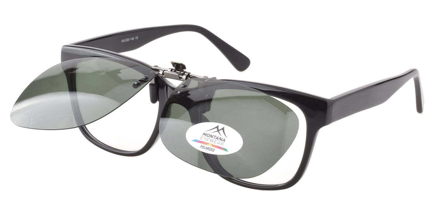 Schwarze Brille mit grünen Gläsern und Clip-on-Sonnenbrille. Montana Eyewear Logo und Polarized-Aufkleber.