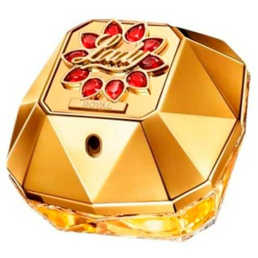 Goldfarbener Flakon mit rotem Schmuck. Aufschrift: "Royal".