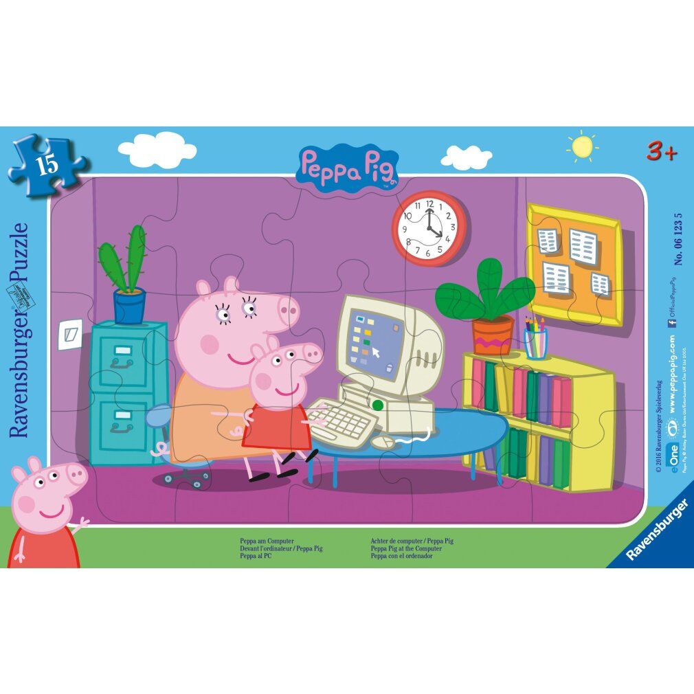 Puzzle mit 15 Teilen. Motiv: Peppa Wutz am Computer. Ravensburger Puzzle. Verpackung mit Peppa Wutz-Illustration.