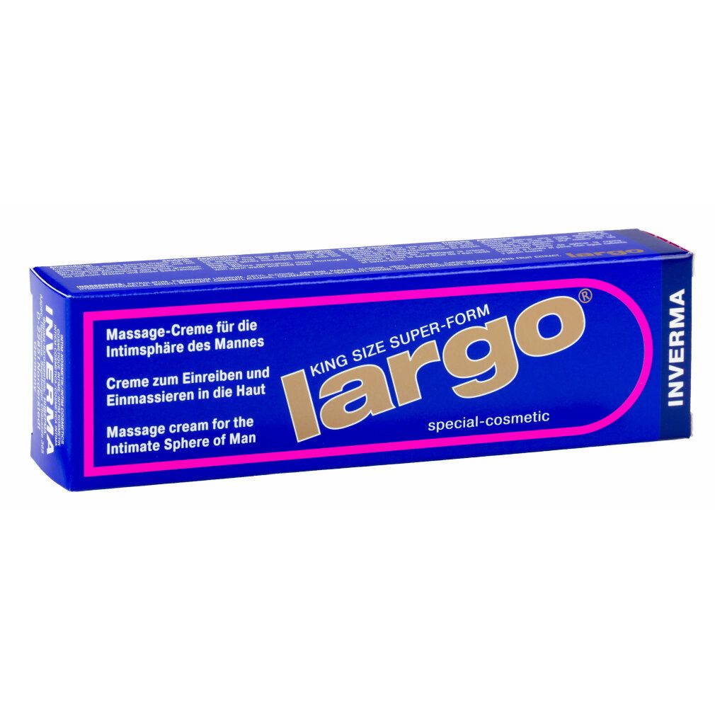 Blaue Schachtel mit rosa Schriftzug Largo. Text: Massage-Creme für Männer. Marke: Inverma.