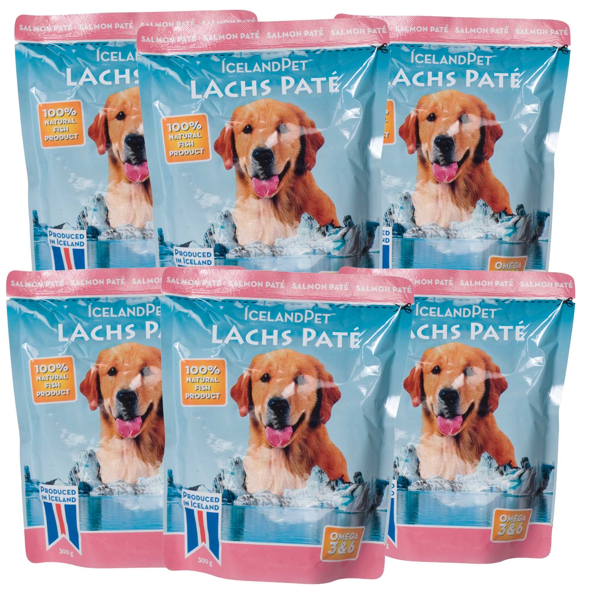 Sechs Packungen Lachs Pâté. Aufdruck: IcelandPet, Lachs Pâté, 100% natürliches Fischprodukt, Omega 3&6. Abbildung eines Hundes.