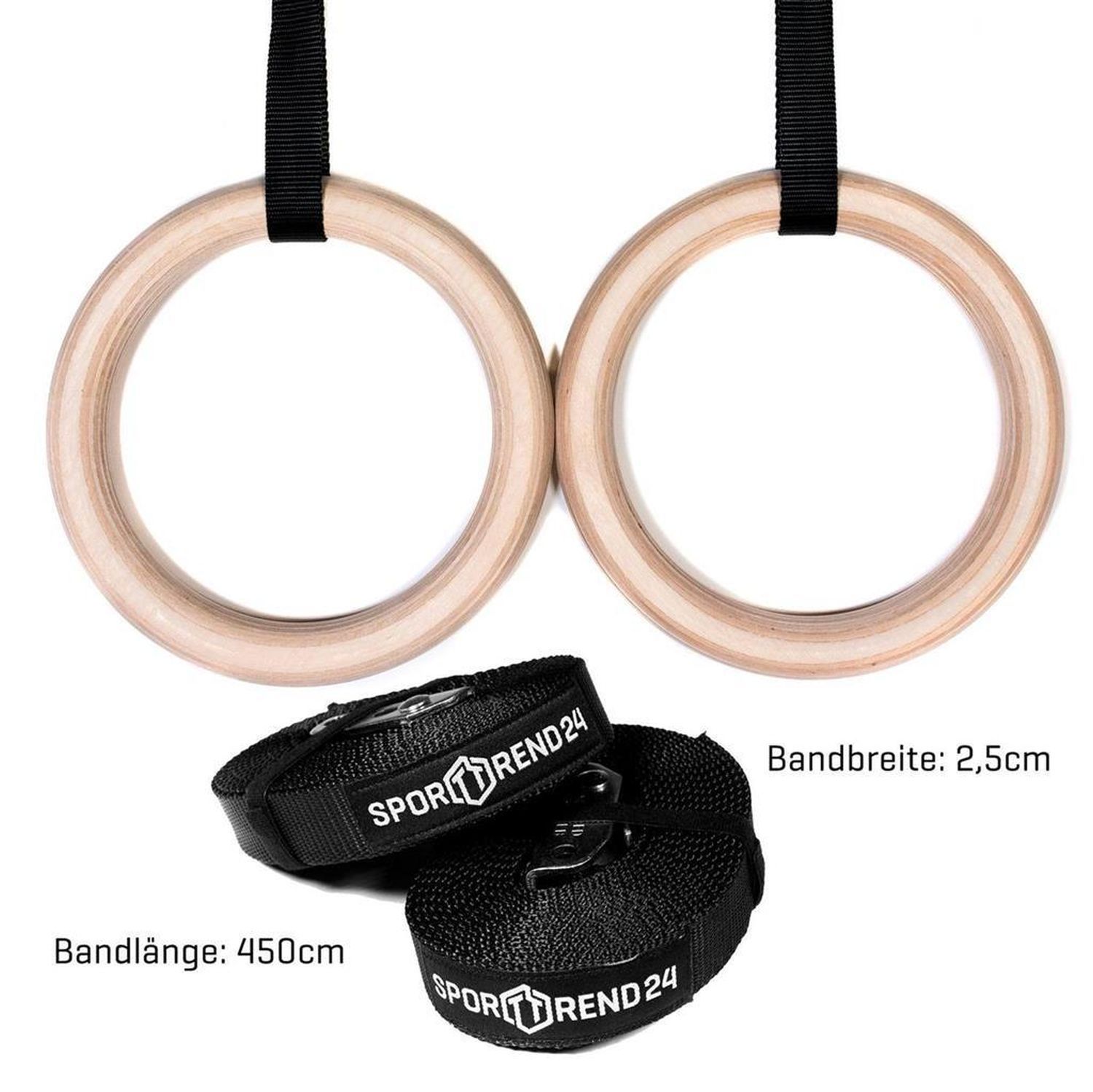 Zwei Holzringe, zwei schwarze Bänder mit Sporttrend24-Logo. Bandlänge: 450cm, Bandbreite: 2,5cm.