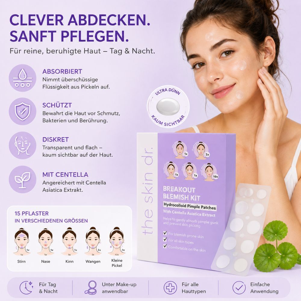 Produktverpackung und Frau mit Patches im Gesicht. Text: Breakout Blemish Kit, Hydrocolloid Pimple Patches. 15 Pflaster in verschiedenen Größen.