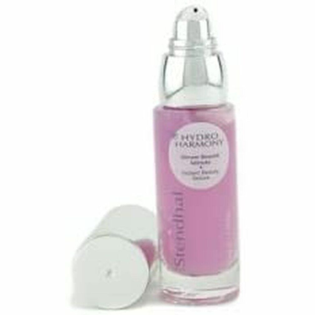 Rosa Flakon mit silbernem Pumpkopf und weißem Deckel. Aufschrift: Hydro Harmony, Ultimate Smooth, Instant Beauty Serum. Deckel daneben.