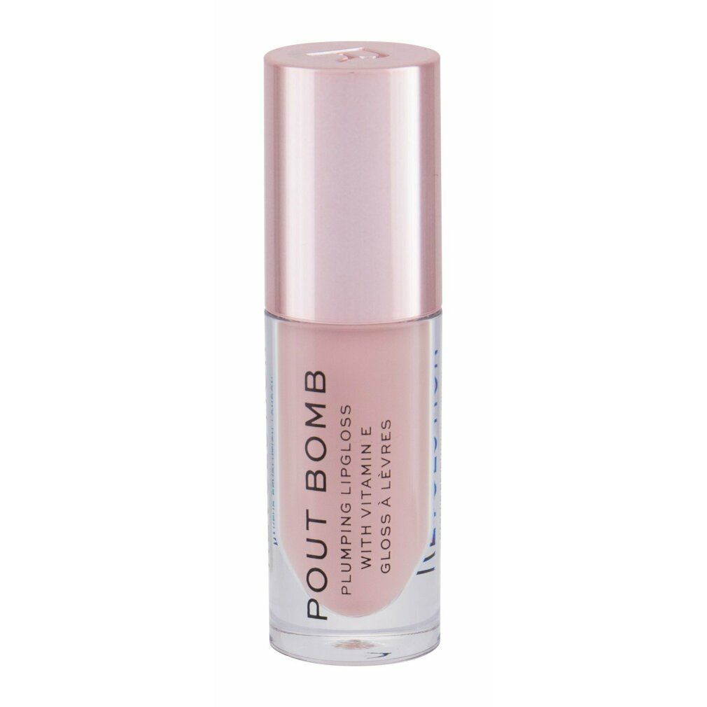 Plumping Lipgloss mit Vitamin E. Rosa Flasche mit rosafarbenem Deckel. Text: Pout Bomb, Gloss à Lèvres.