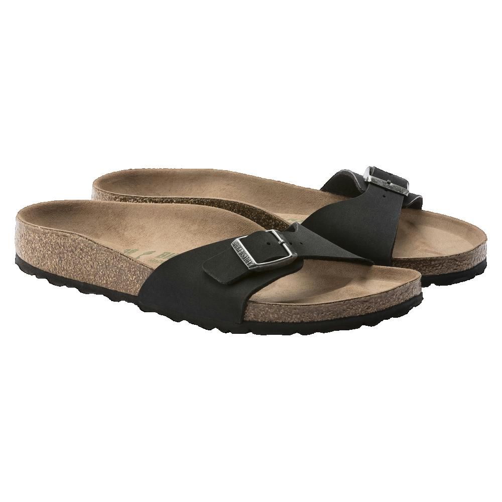 Due sandali Birkenstock Madrid neri, fibbie. Sottopiede in sughero, cinturini pelle.