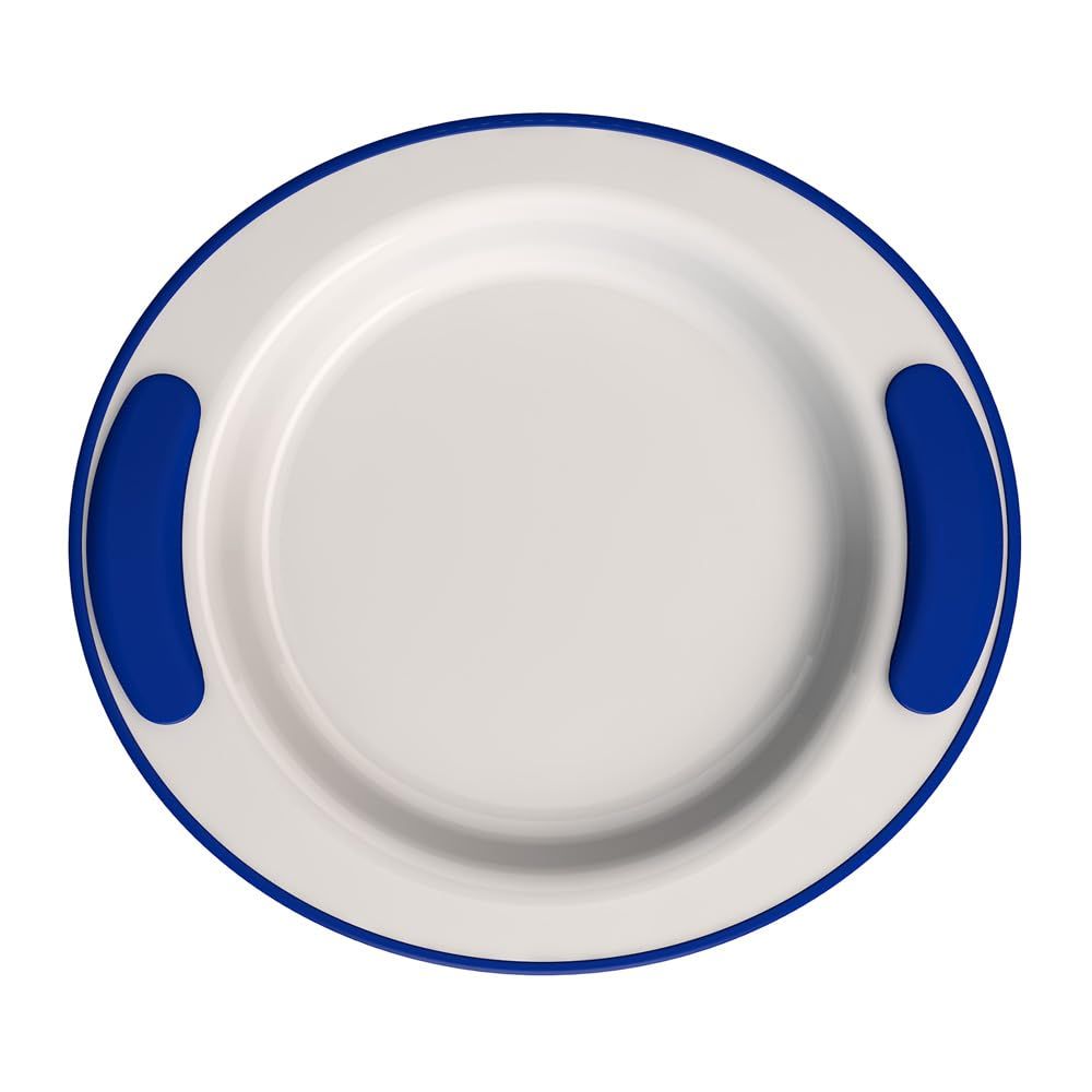 Weißer Teller mit blauem Rand und zwei blauen Griffen.