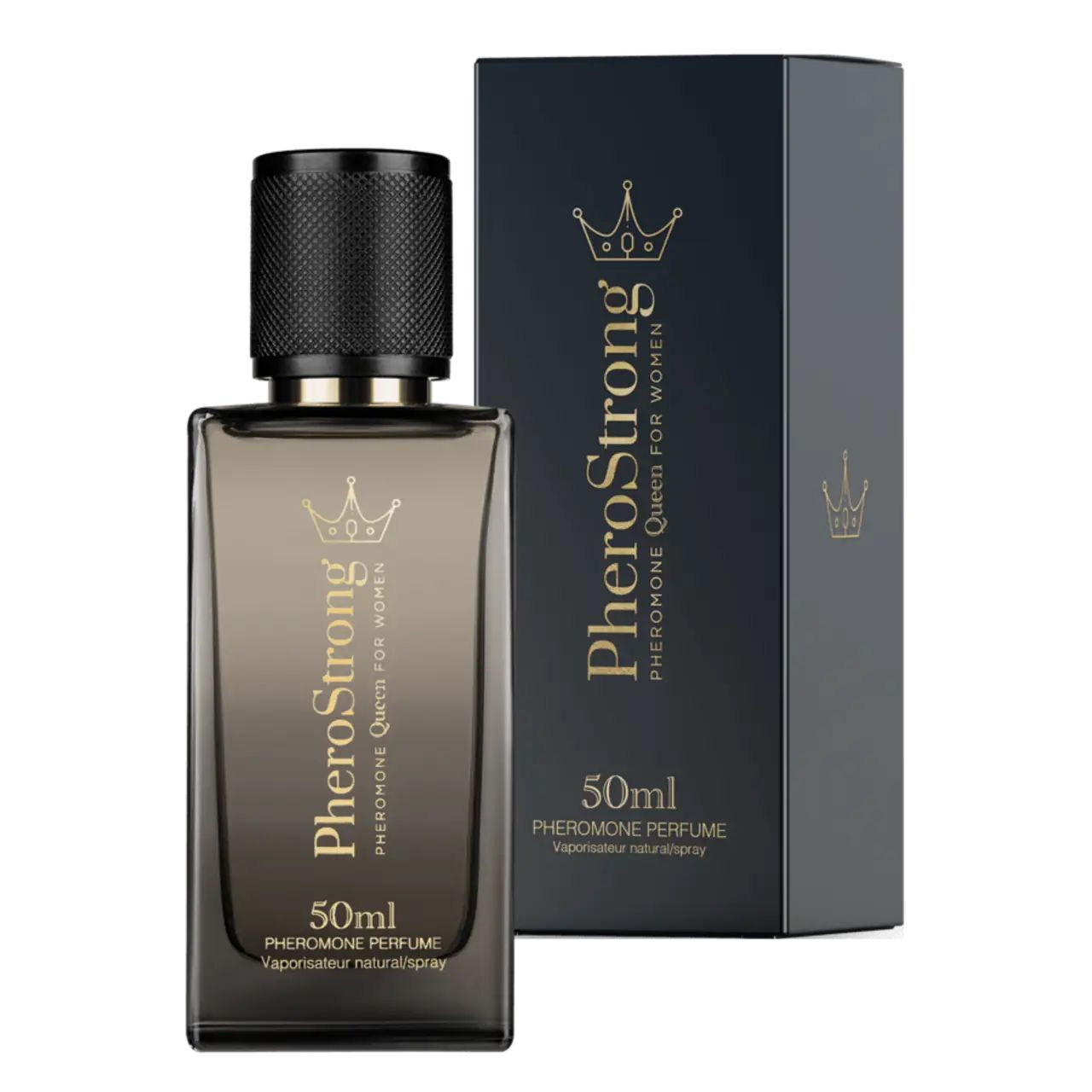 PheroStrong Flakon und Schachtel. Aufschrift PheroStrong, Pheromone Queen for Women, 50ml. Schwarzer Hintergrund.