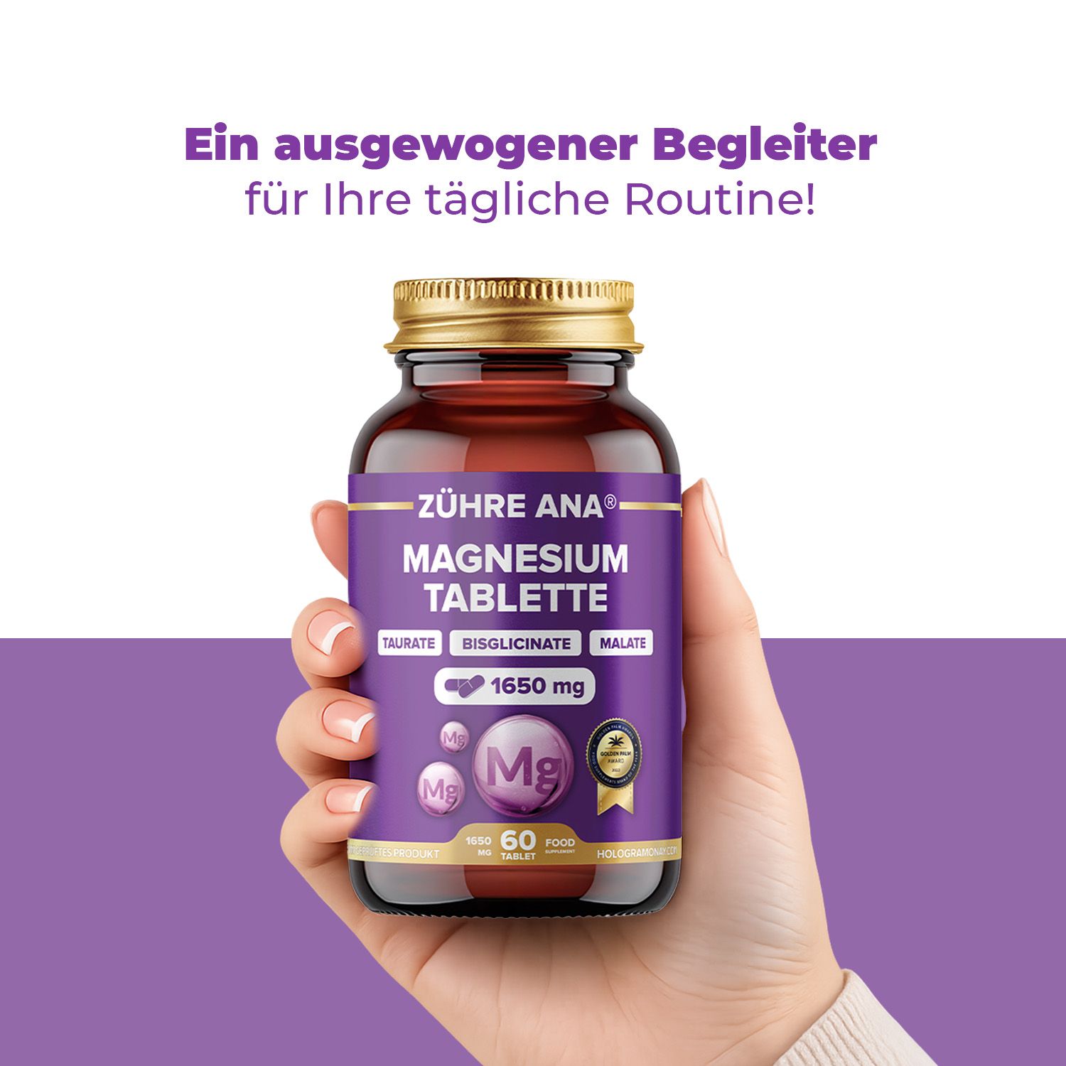 Braune Glasflasche mit Zühre Ana Magnesium Tabletten. Enthält 60 Tabletten.