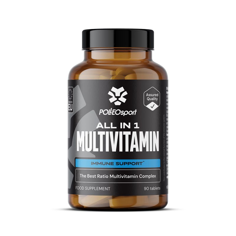 Braune Flasche mit schwarzem Deckel. Aufschrift: POLLEOSport ALL IN 1 MULTIVITAMIN, Immune Support, 90 Tabletten. EU-Zertifizierung.