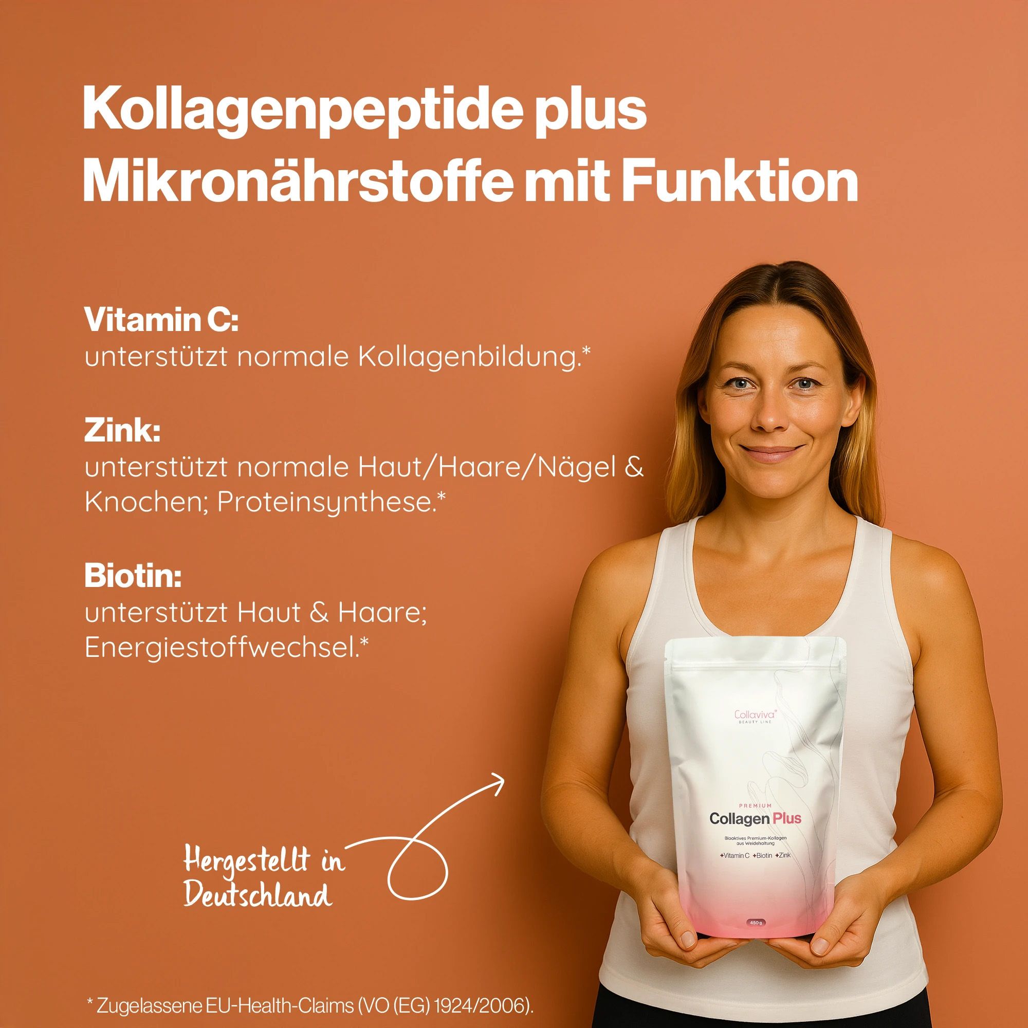 Frau hält Collaviva Collagen Plus Beutel. "Hergestellt in Deutschland". Vitamin C, Zink, Biotin für Haut, Haare, Nägel.