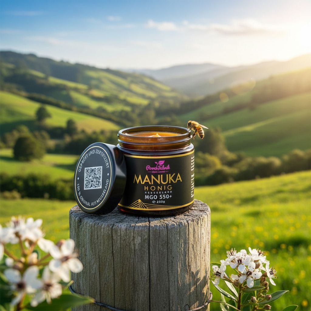 Glas Manuka Honig auf einem Holzpfosten. Im Hintergrund eine Landschaft mit Bergen und eine Biene.