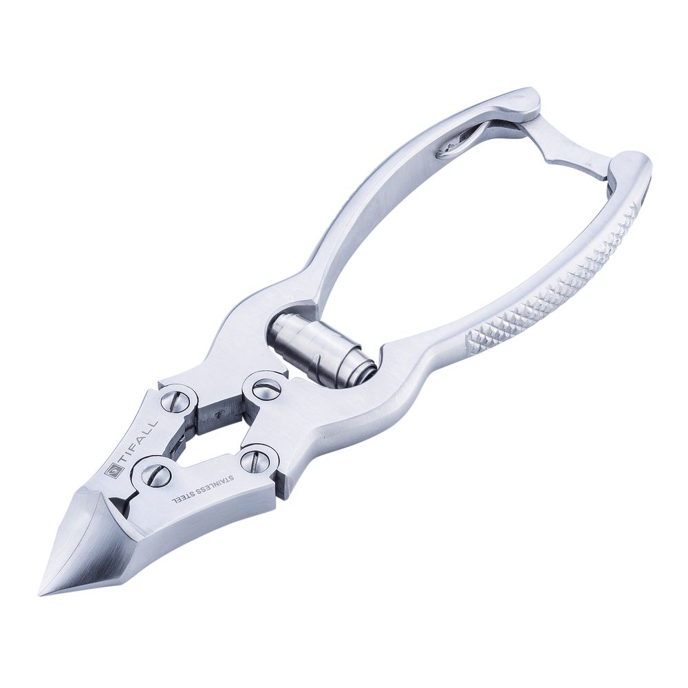Nagelzange aus Edelstahl. Silberfarben, mit geriffelten Griffen und spitz zulaufenden Schneiden. Marke TIFALL.