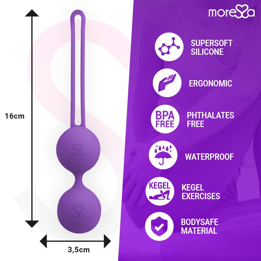 Lila Kegel-Kugel mit Maßangaben: 16cm hoch, 3,5cm breit. Text: SUPERSOFT SILICONE, ERGONOMIC, BPA FREE, PHTHALATES FREE, WATERPROOF, KEGEL EXERCISES, BODYSFE MATERIAL. Marke: Moressa.