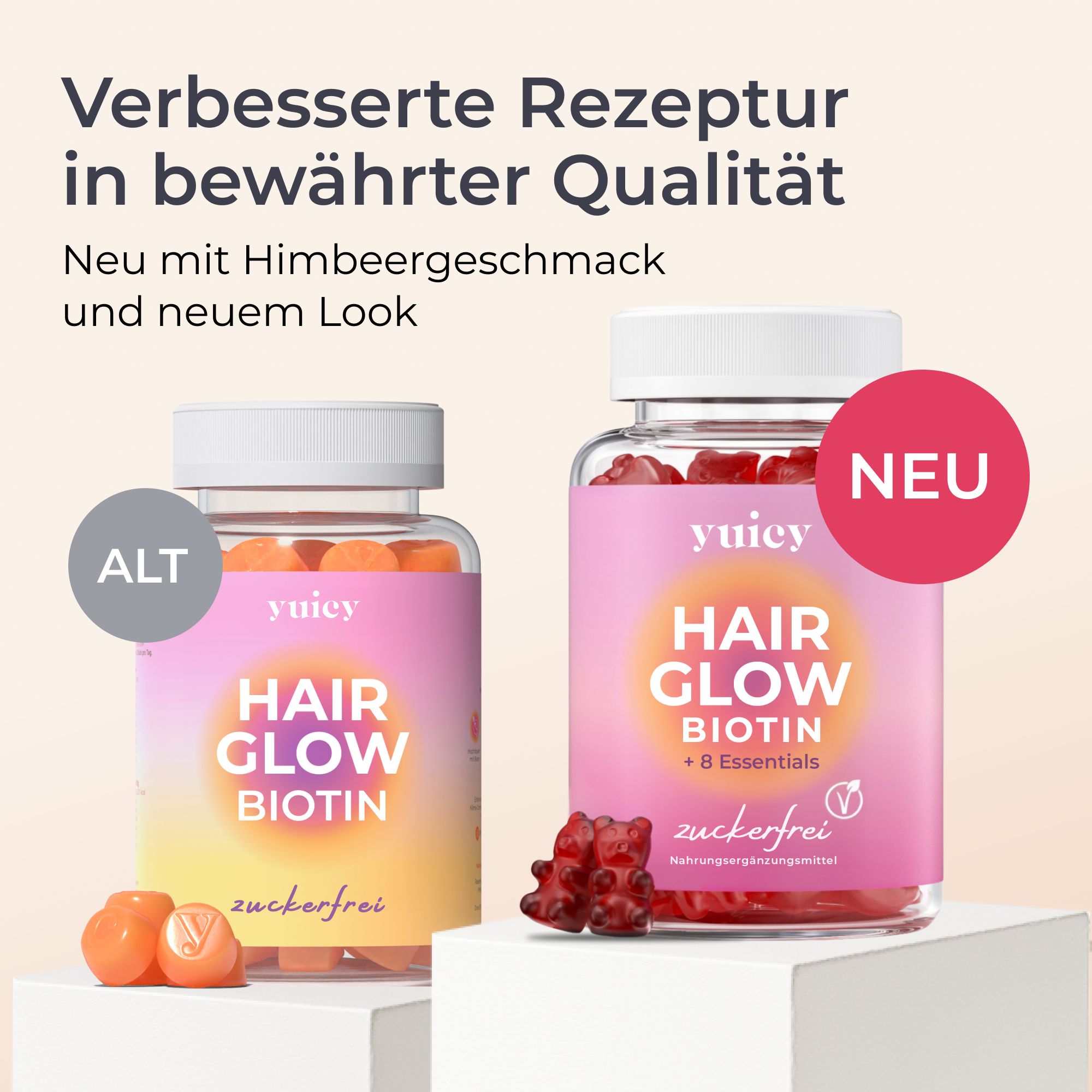 Zwei Flaschen yuicy® Hair Biotin Gummies. Auf jeder Flasche steht: Hair Glow Biotin + 8 Essentials, zuckerfrei. Gummibärchen.