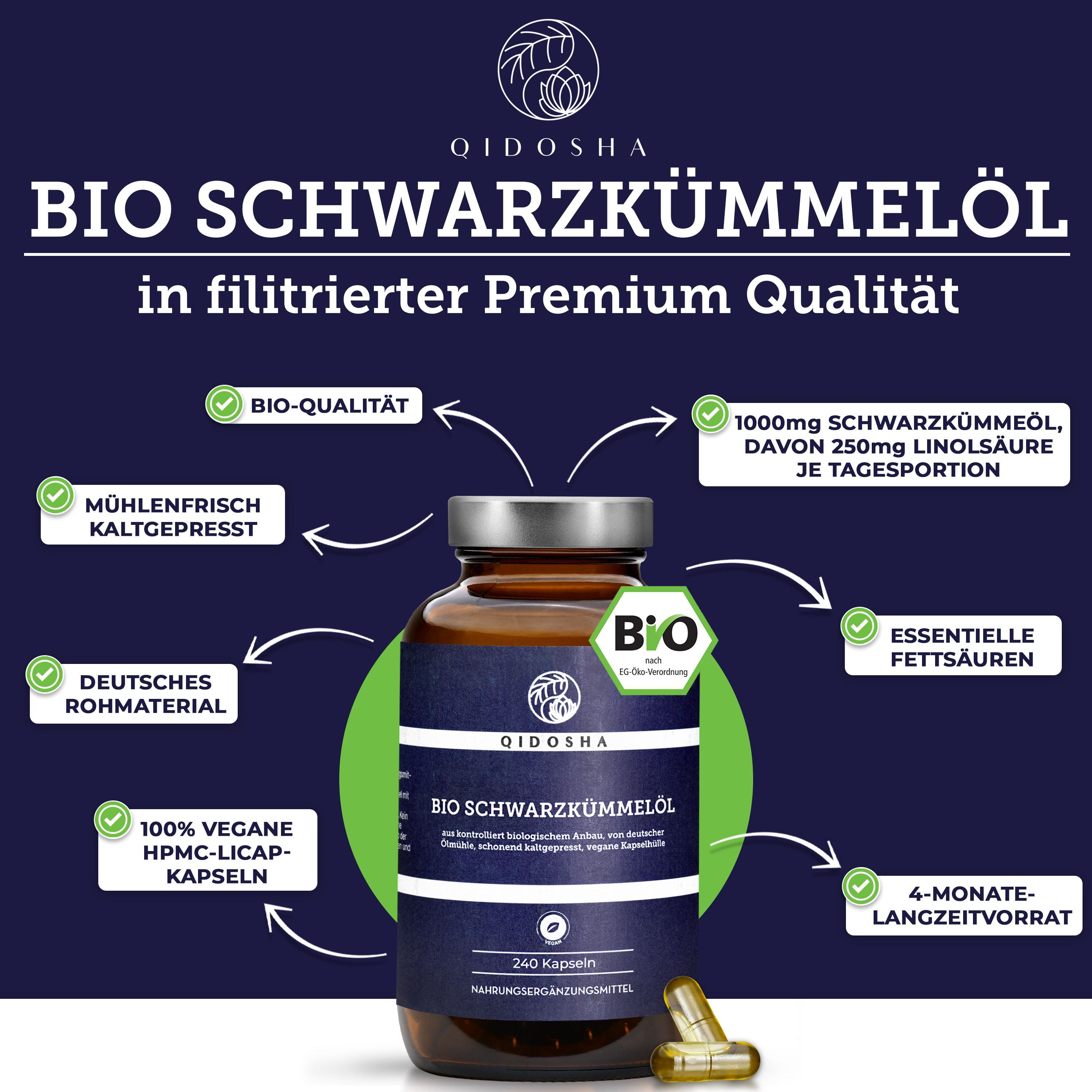 Glasflasche mit blauem Etikett. QIDOSHA BIO SCHWARZKÜMMELÖL. 240 Kapseln. Bio-Siegel. Text mit Informationen: Premium Qualität, etc.