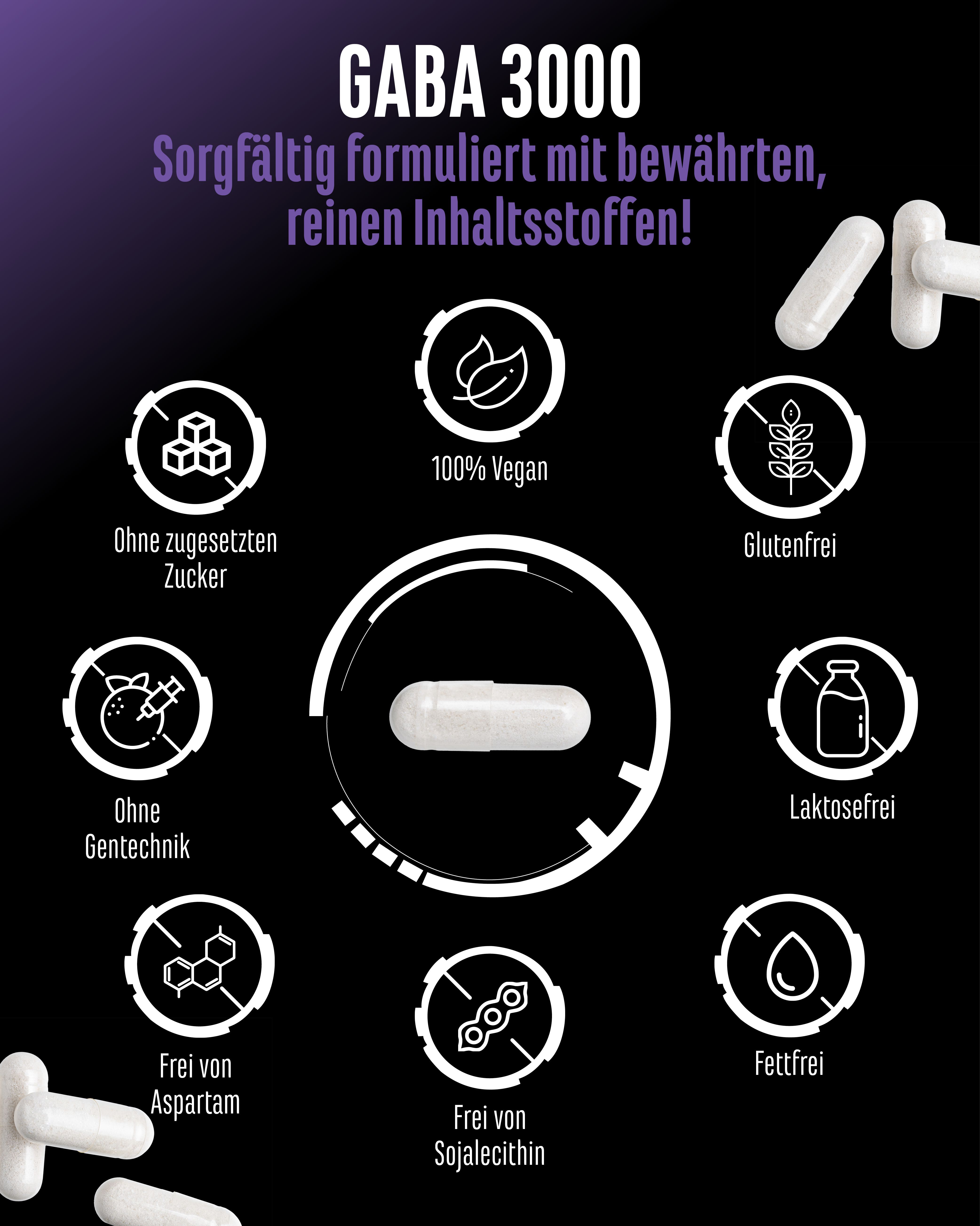 Infografik: Gaba 3000. Ohne Zucker, 100% Vegan, Glutenfrei, Laktosefrei, ohne Gentechnik, ohne Aspartam, ohne Sojalecithin, fettfrei.