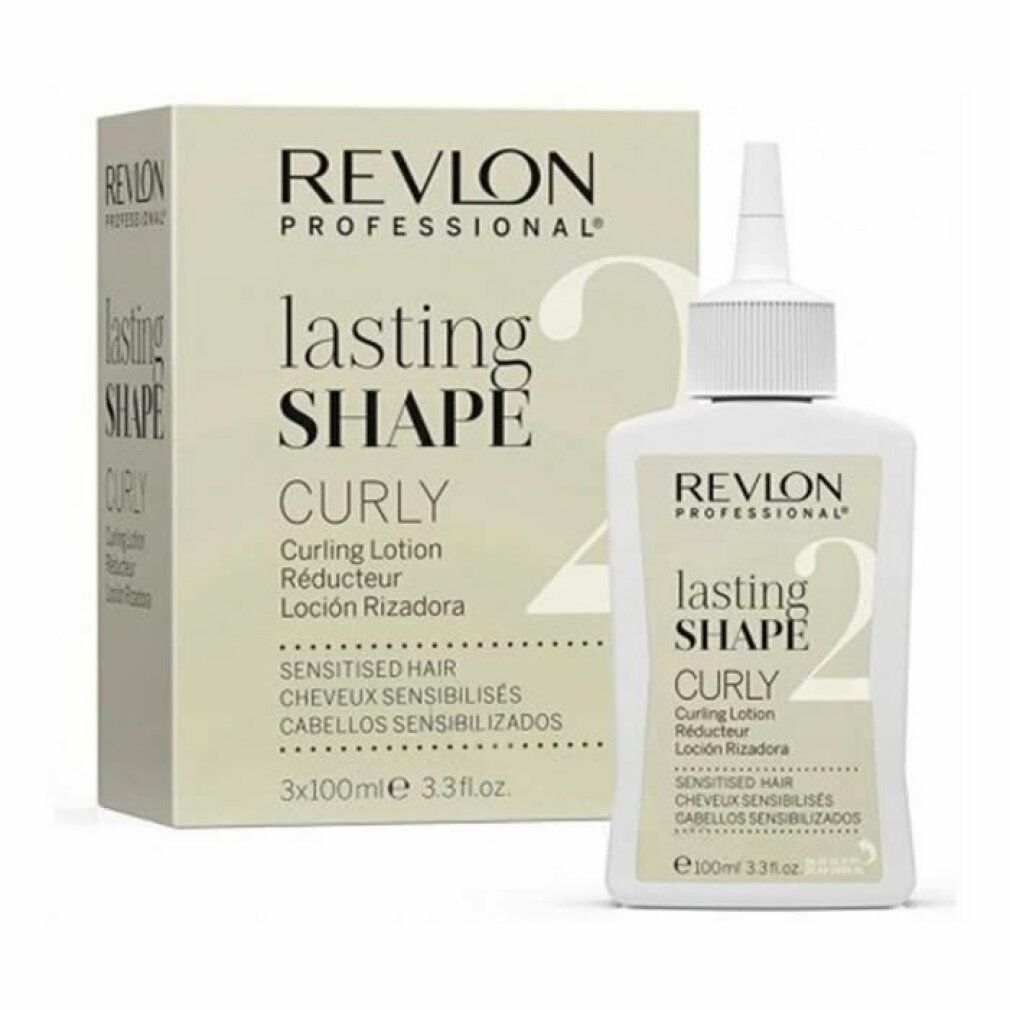 Revlon Lasting Shape 2 Curly Lotion. Eine Flasche und eine Verpackung. Weiße Flasche mit weißem Deckel. Beige Verpackung.