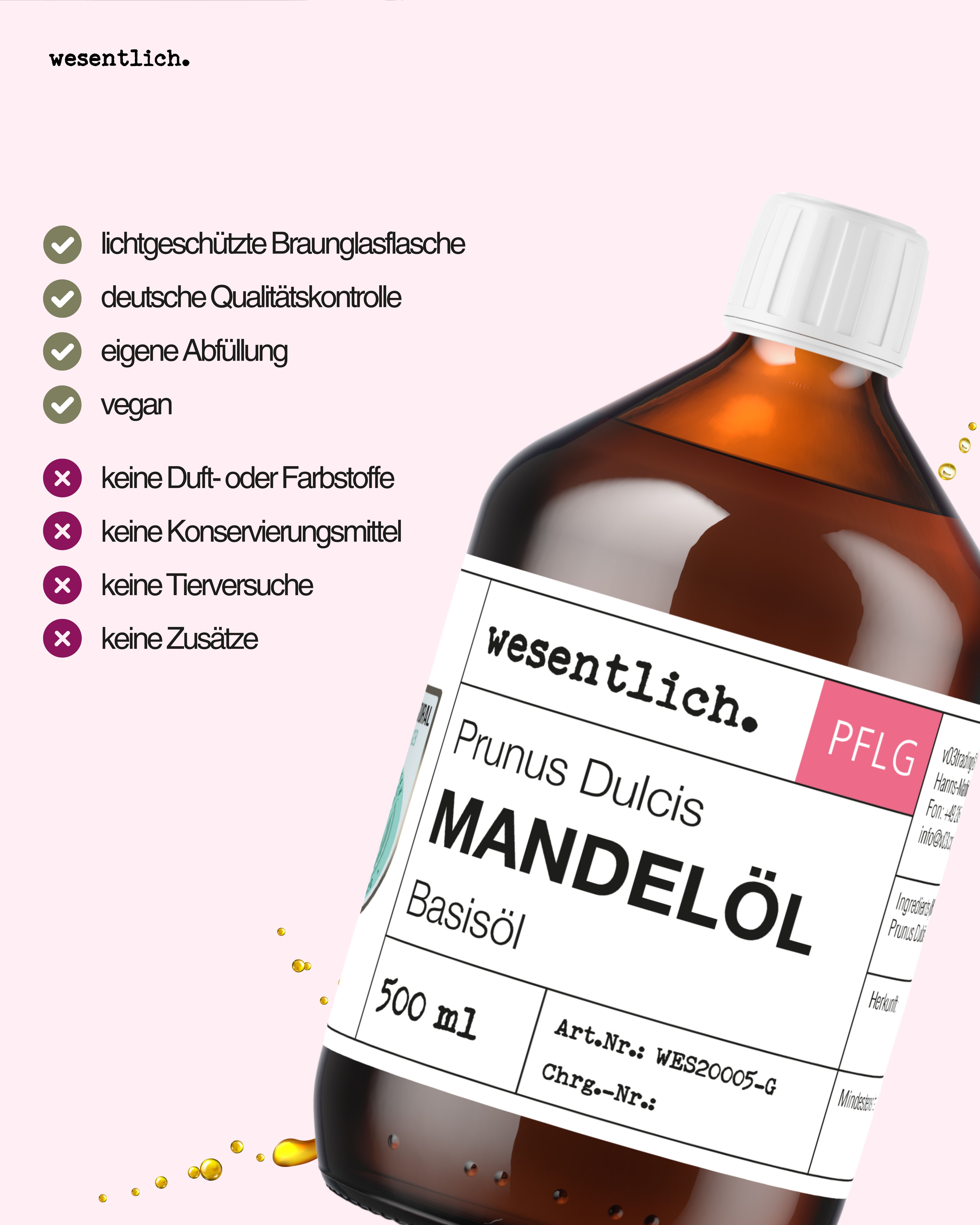 Flasche Mandelöl Basisöl, umgeben von Icons: Checkmarks für Lichtschutz, Qualität, vegan; X-Icons für keine Zusätze.