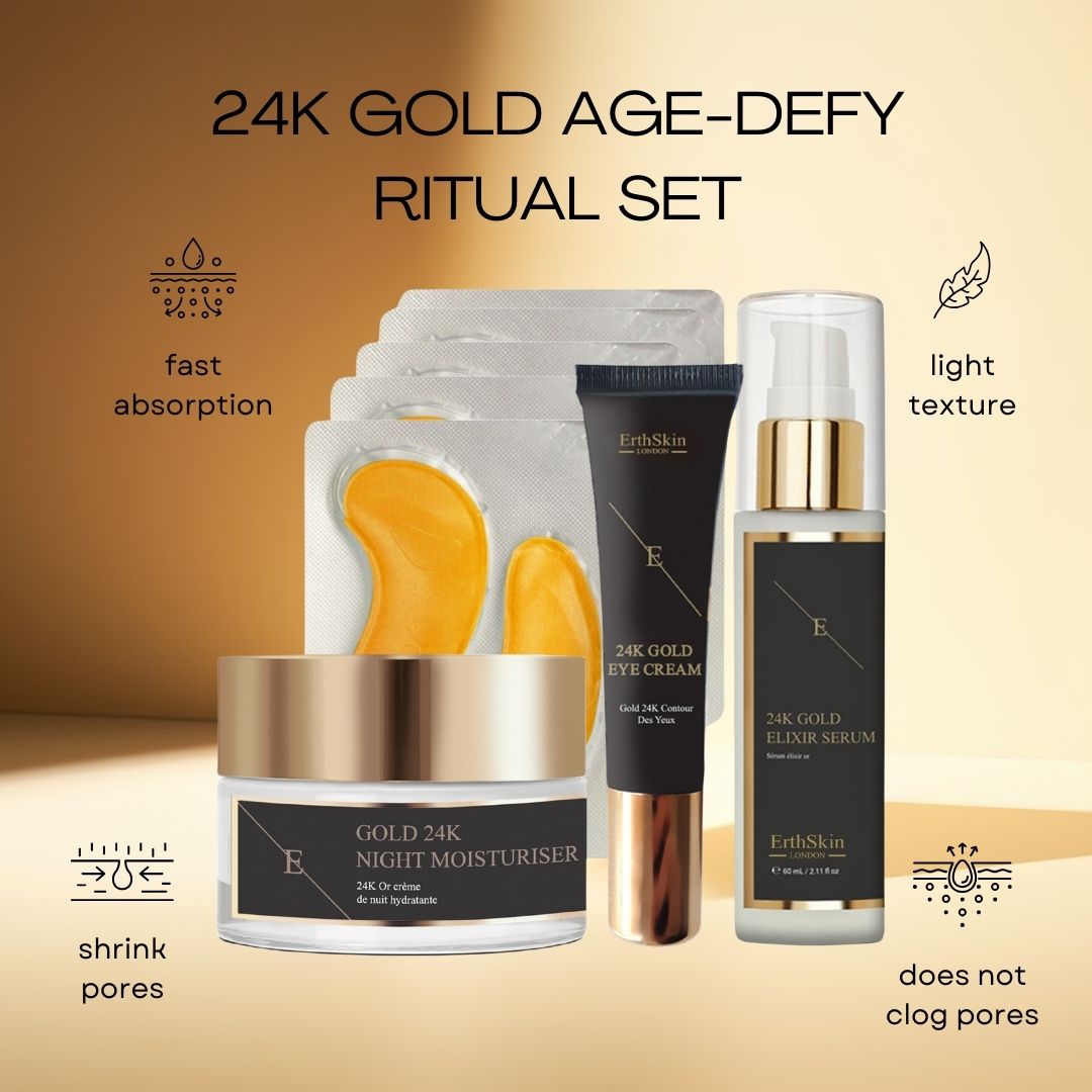 ErthSkin London Ritual Set. Enthält Nachtcreme, Augencreme, Elixier-Serum und Augen-Pads. Schwarze Verpackungen mit Goldakzenten. Text: 24K Gold Age-Defy.