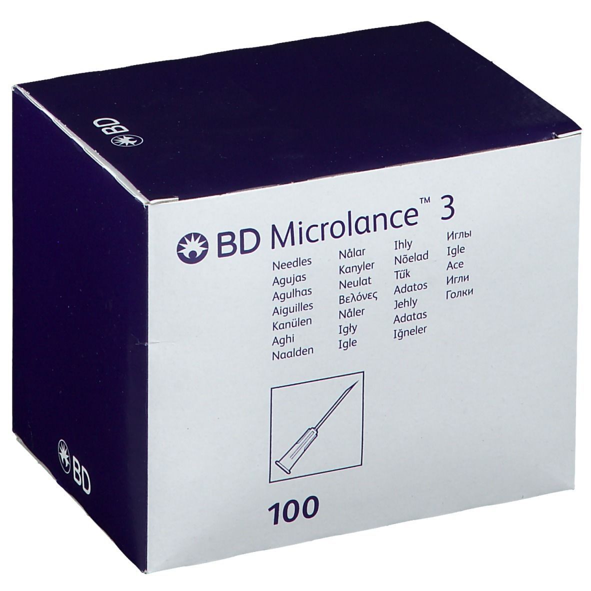 Karton mit BD Microlance 3 Nadeln. Aufdruck: 100 Stück. Logo und Produktbezeichnung.