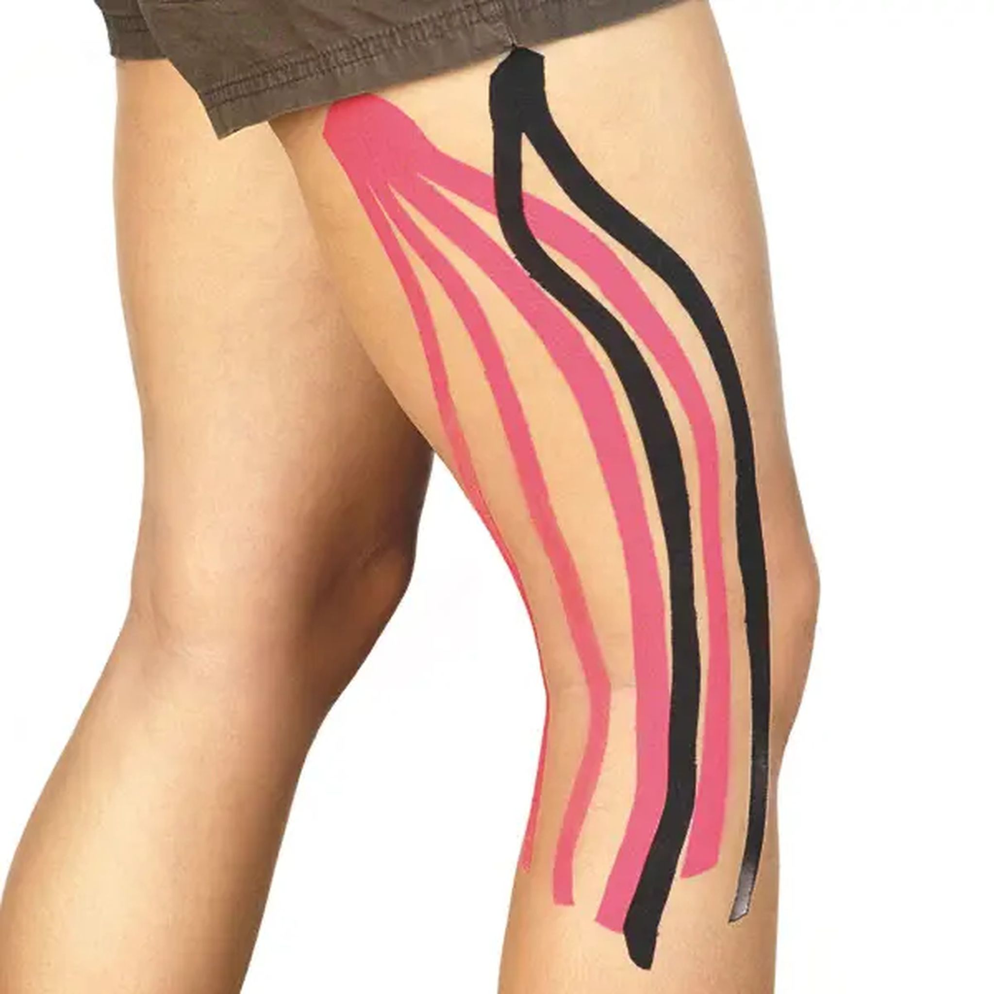 Oberschenkel mit pinkfarbenem und schwarzem Tape. Das Tape ist auf der Haut angebracht.