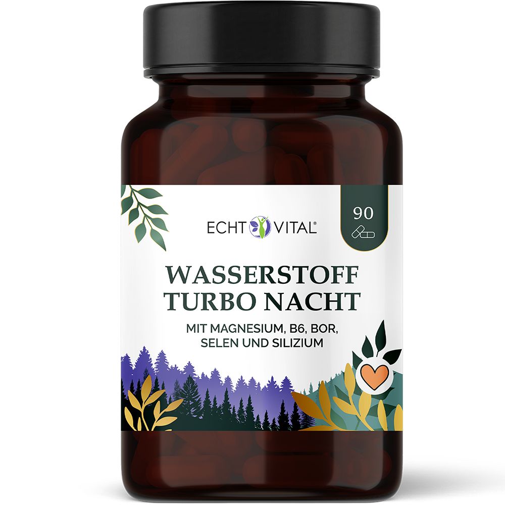 Braune Glasflasche mit schwarzem Deckel, gefüllt mit Kapseln. Das Etikett zeigt "Echt Vital Wasserstoff Turbo Nacht" und Inhaltsstoffe.