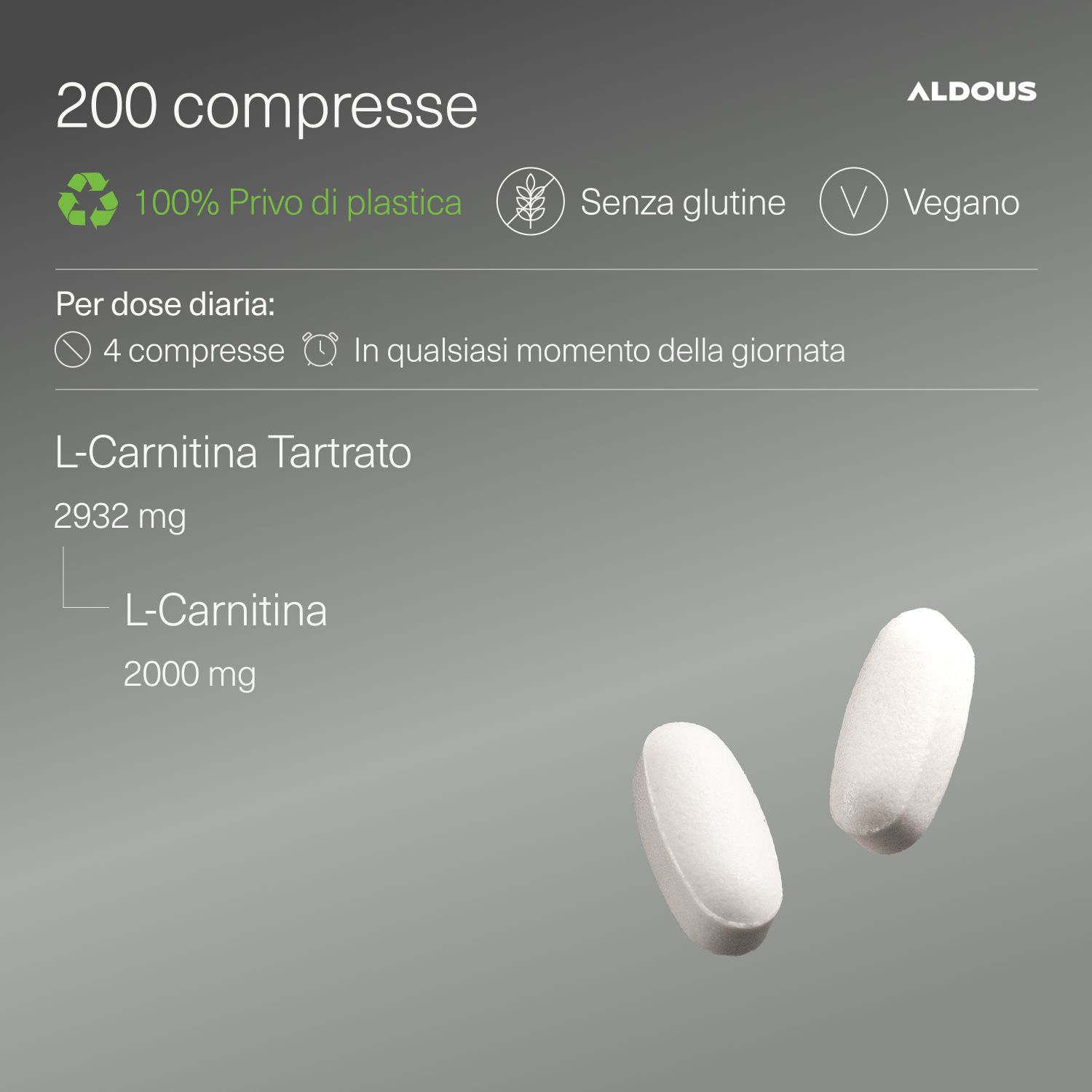 Aldous L-Carnitina: 200 Tabletten, 100% plastikfrei, glutenfrei, vegan. 2000mg L-Carnitin.