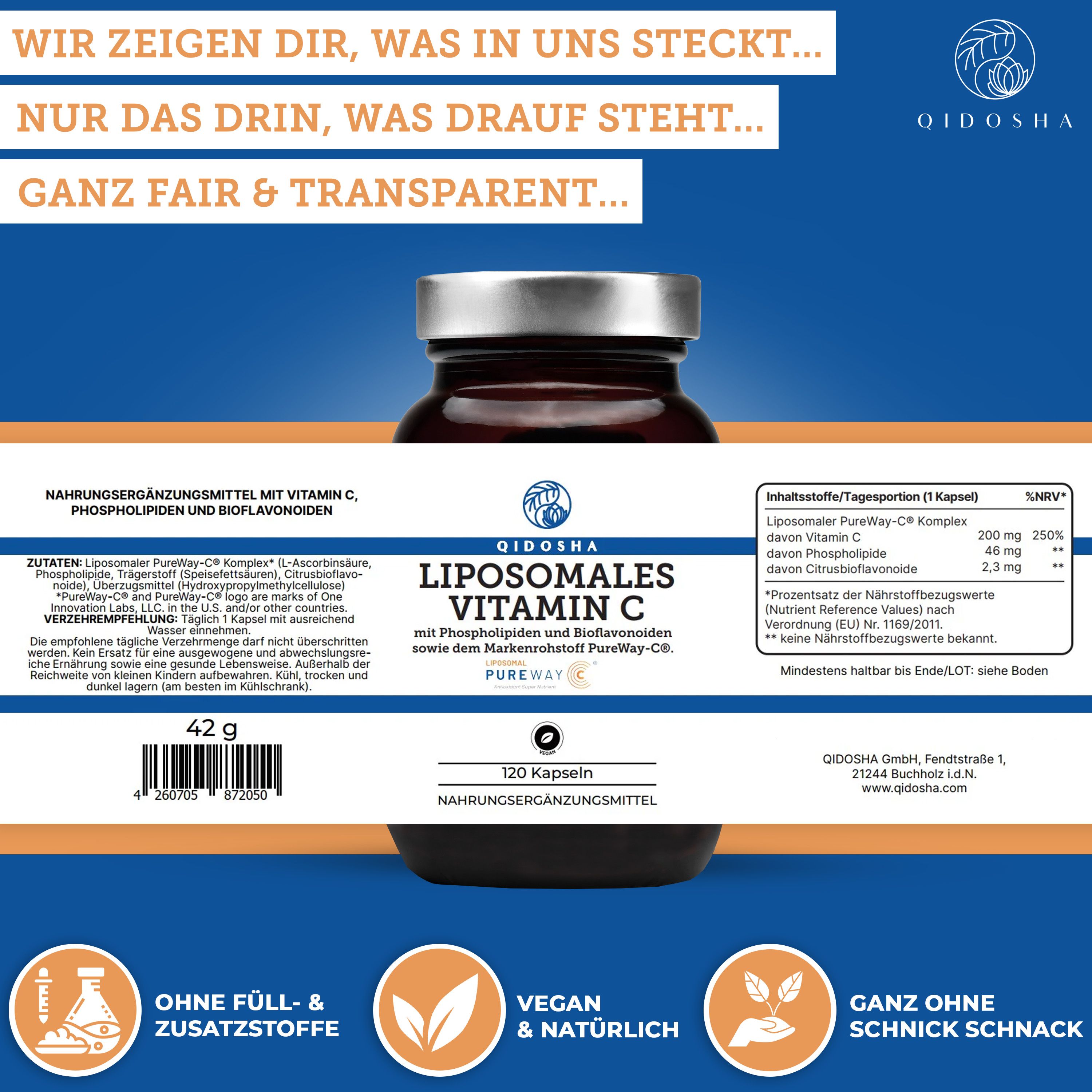 Produktflasche mit Text. Aufschrift: QIDOSHA Liposomales Vitamin C, 120 Kapseln. Inhaltsangaben. Logos: PureWay-C®, vegan, natürlich.