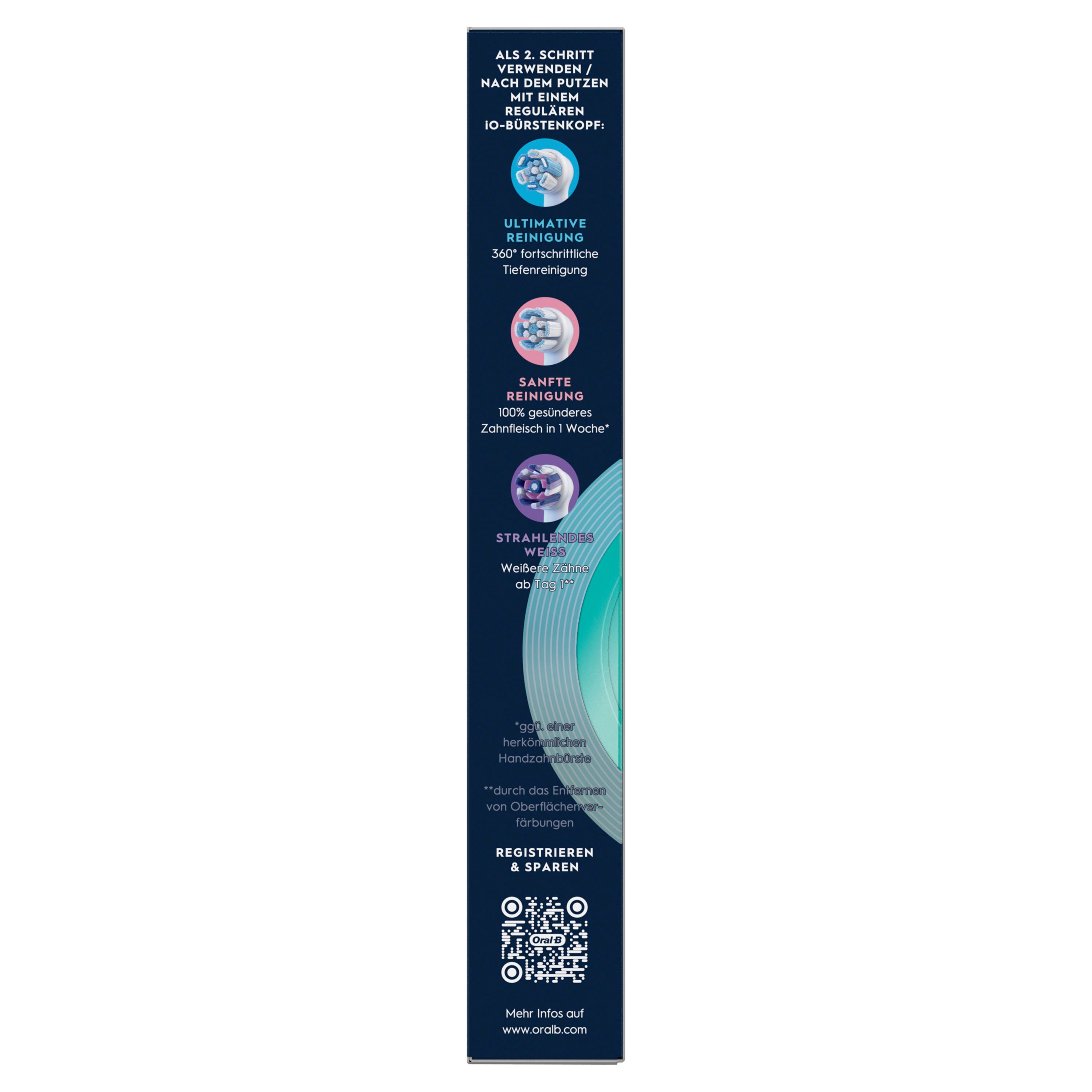 Schmale Verpackung. Text: Ultimative Reinigung, sanfte Reinigung, strahlend weiß. QR-Code. Oral-B Logo. Blauer Hintergrund.