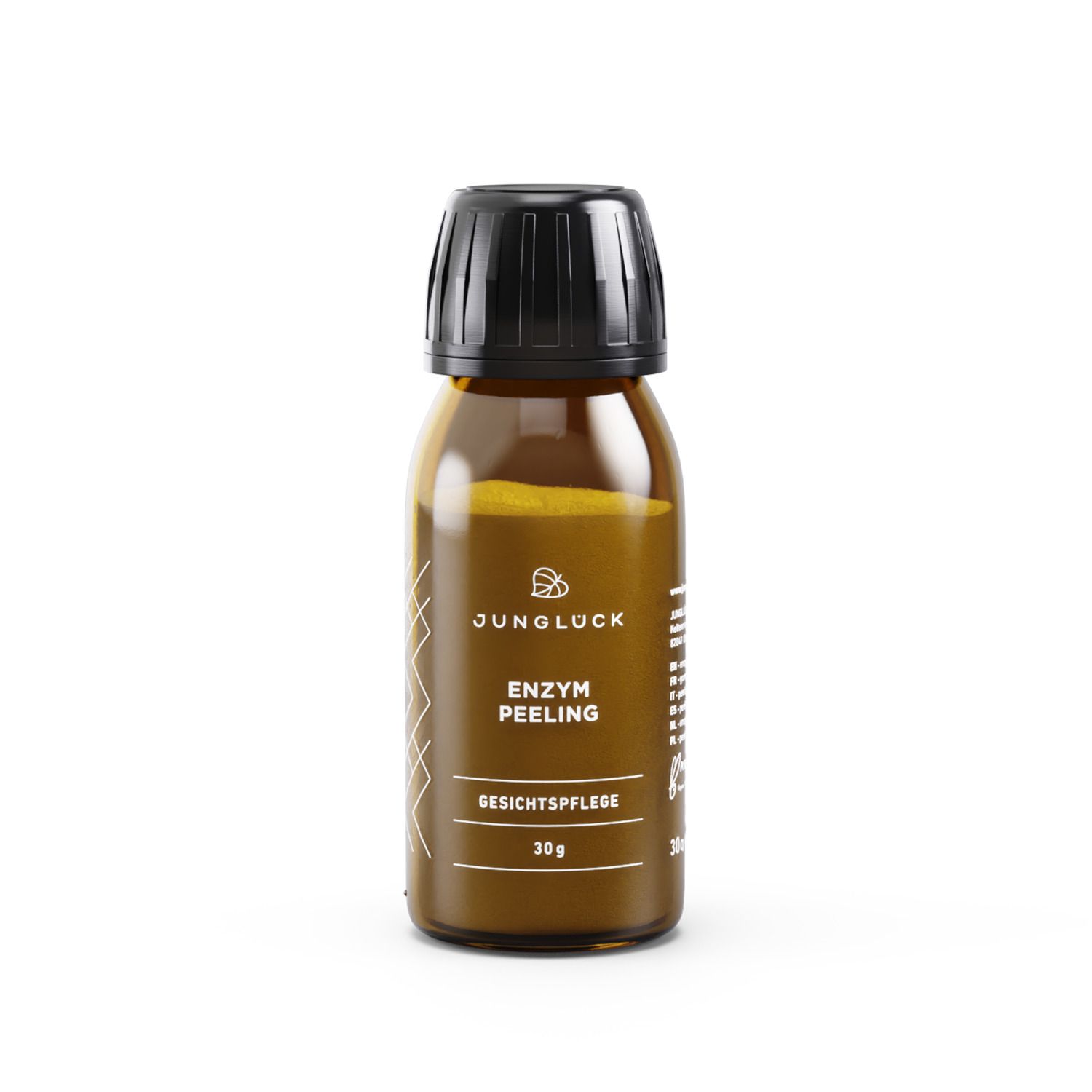 Braune Glasflasche mit schwarzem Deckel. Aufschrift: JUNGLÜCK ENZYM PEELING GESICHTSPFLEGE 30 g.