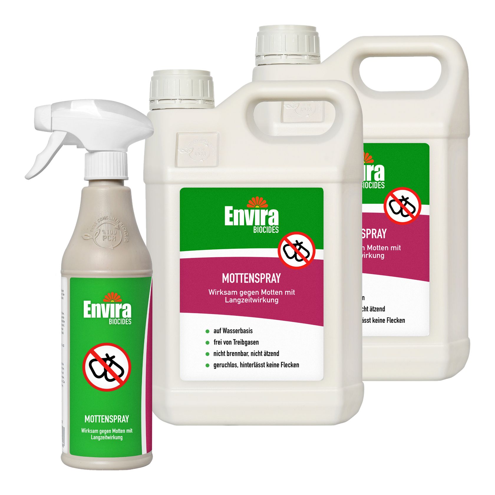 Produkt-Ensemble: Sprühflasche und zwei Kanister. Alle mit Envira Mottenspray Etikett. Warnsymbol.