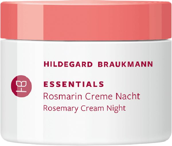 Creme-Tiegel von Hildegard Braukmann Essentials Rosmarin Creme Nacht. Weißer Tiegel mit rosafarbenem Deckel. Text: Essentials.