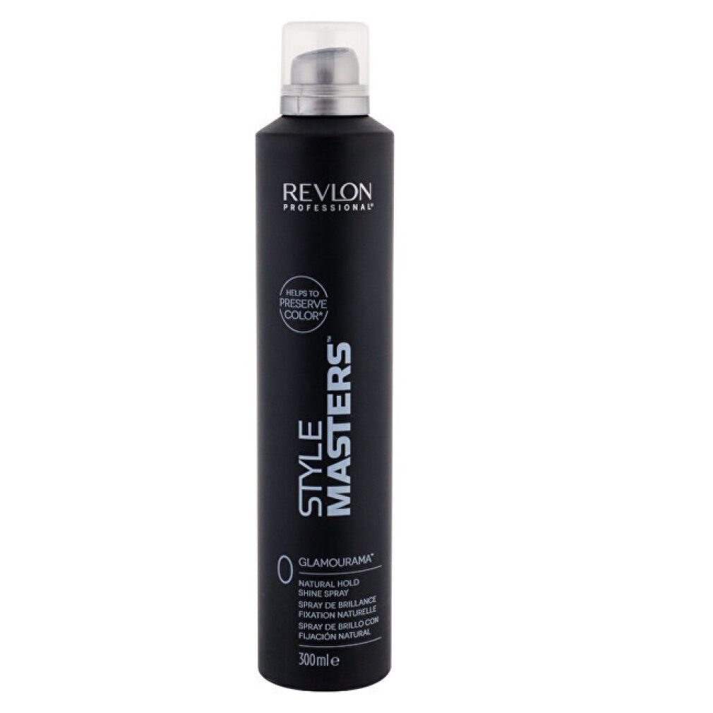 Schwarze Sprühflasche mit silbernem Sprühkopf. Aufschrift: Revlon Professional, Style Masters, Glamourama, Natural Hold Shine Spray.