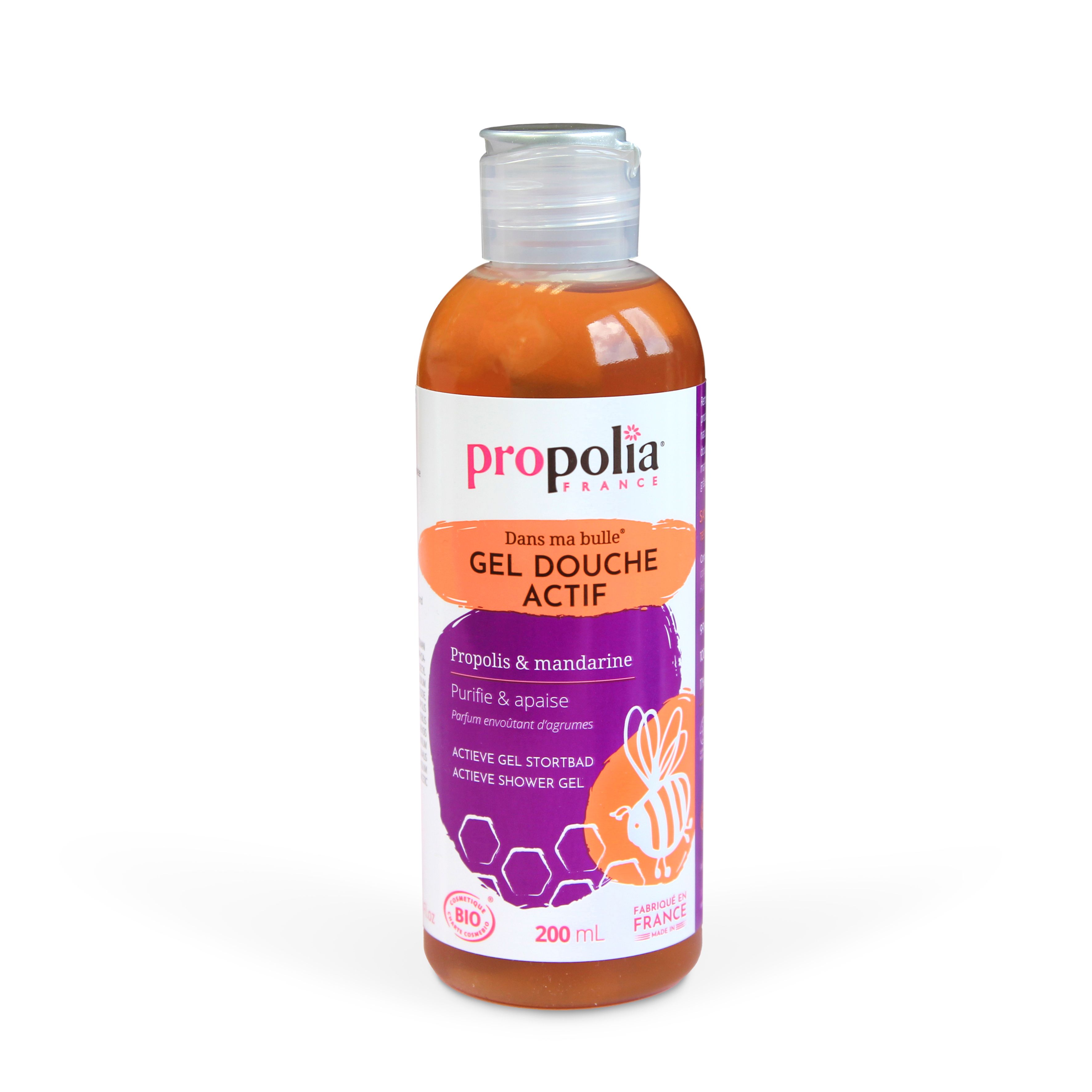 Orangefarbenes Duschgel in einer Flasche. Aufschrift: Propolia, Gel Douche Actif, Propolis & Mandarine. Mit Bio-Siegel.