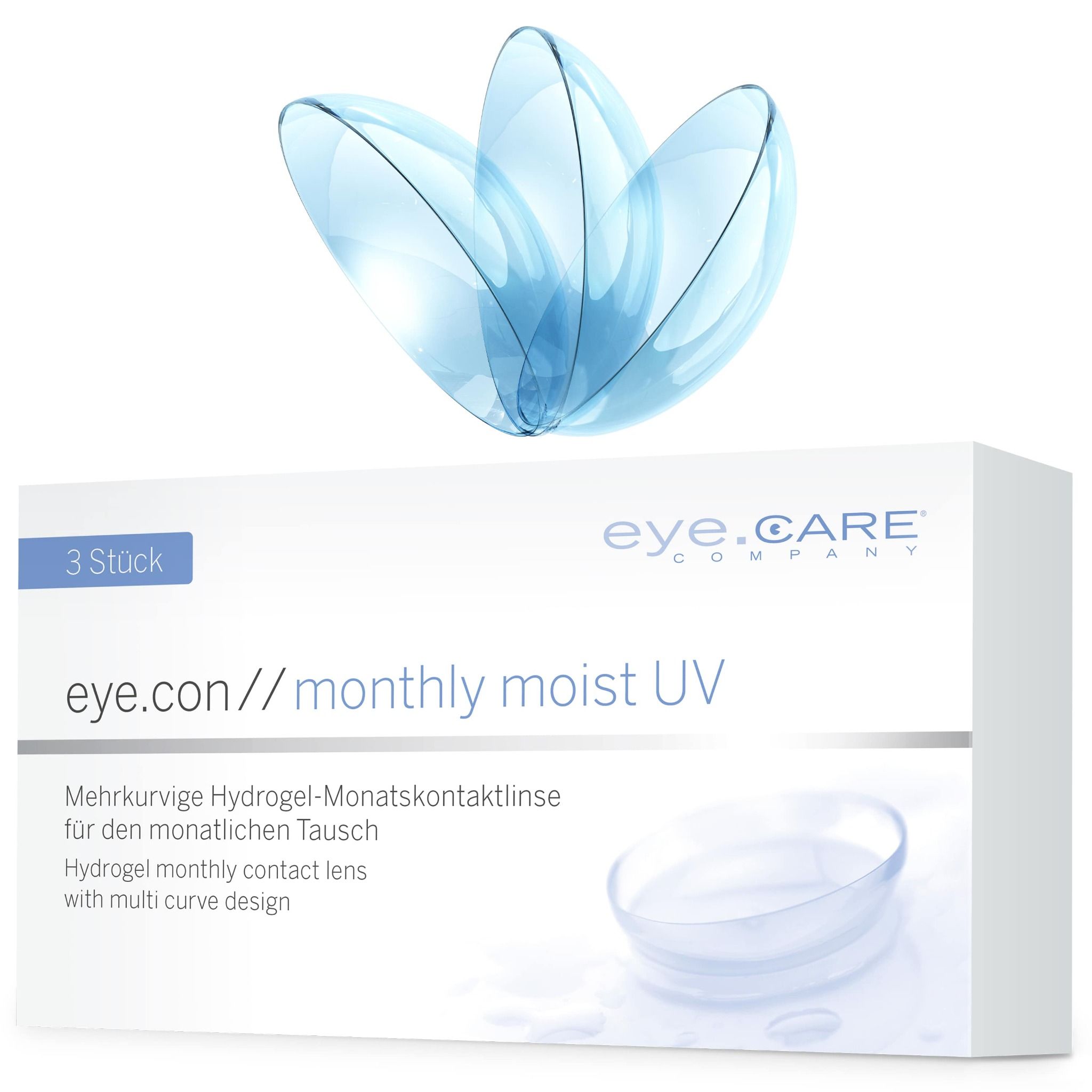 Packung eye.con monthly moist UV Kontaktlinsen, 3 Stück, mit stilisierten Kontaktlinsen darüber.