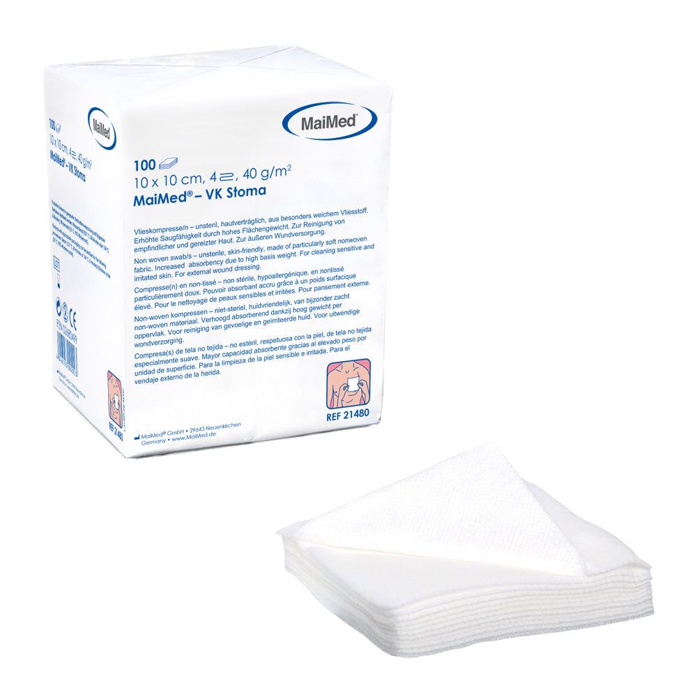 MaiMed VK Stoma Vlieskompressen 10 cm, 4-fach, 40 g/m², unsteril