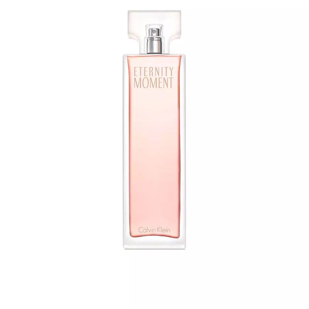 Eternity Moment Eau de Parfum Spray, rechteckige Flasche. Rosa Farbverlauf, Calvin Klein Logo.