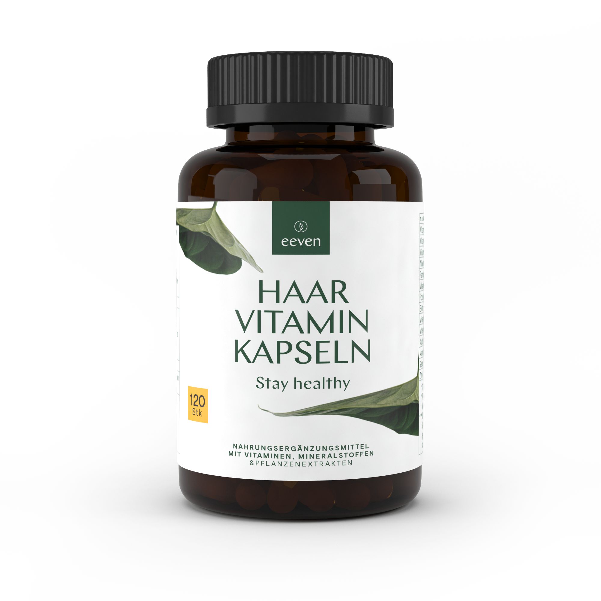 Braune Glasflasche mit schwarzem Deckel. Etikett mit Text: Eeven, Haar Vitamin Kapseln, Stay healthy.