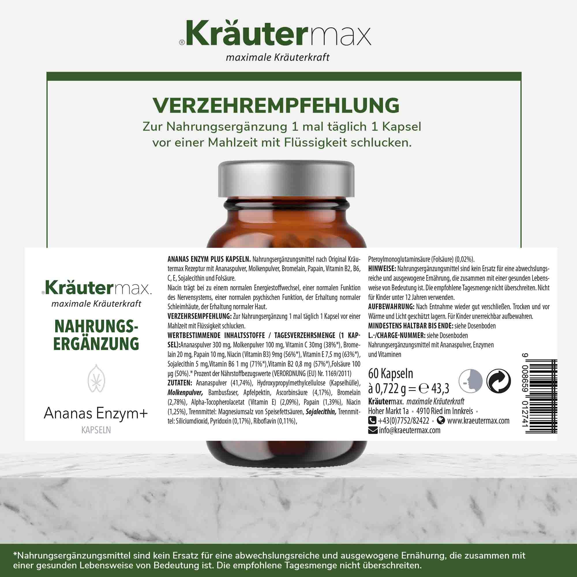 Produktflasche mit Etikett. Enthält Informationen zu Inhaltsstoffen und Verzehrempfehlung. Rückansicht.
